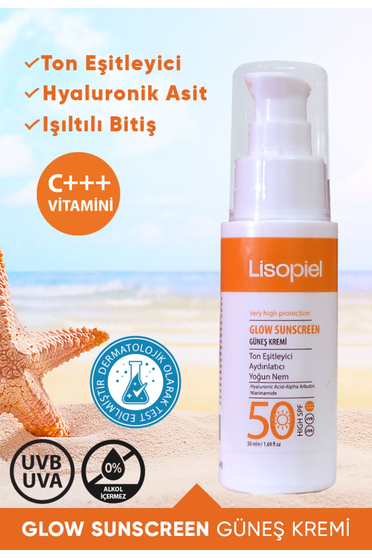 Lisopiel Ton Eşitleyici Aydınlatıcı Yoğun Nem İçeren 50 ml SPF50+ Glow Sunscreen