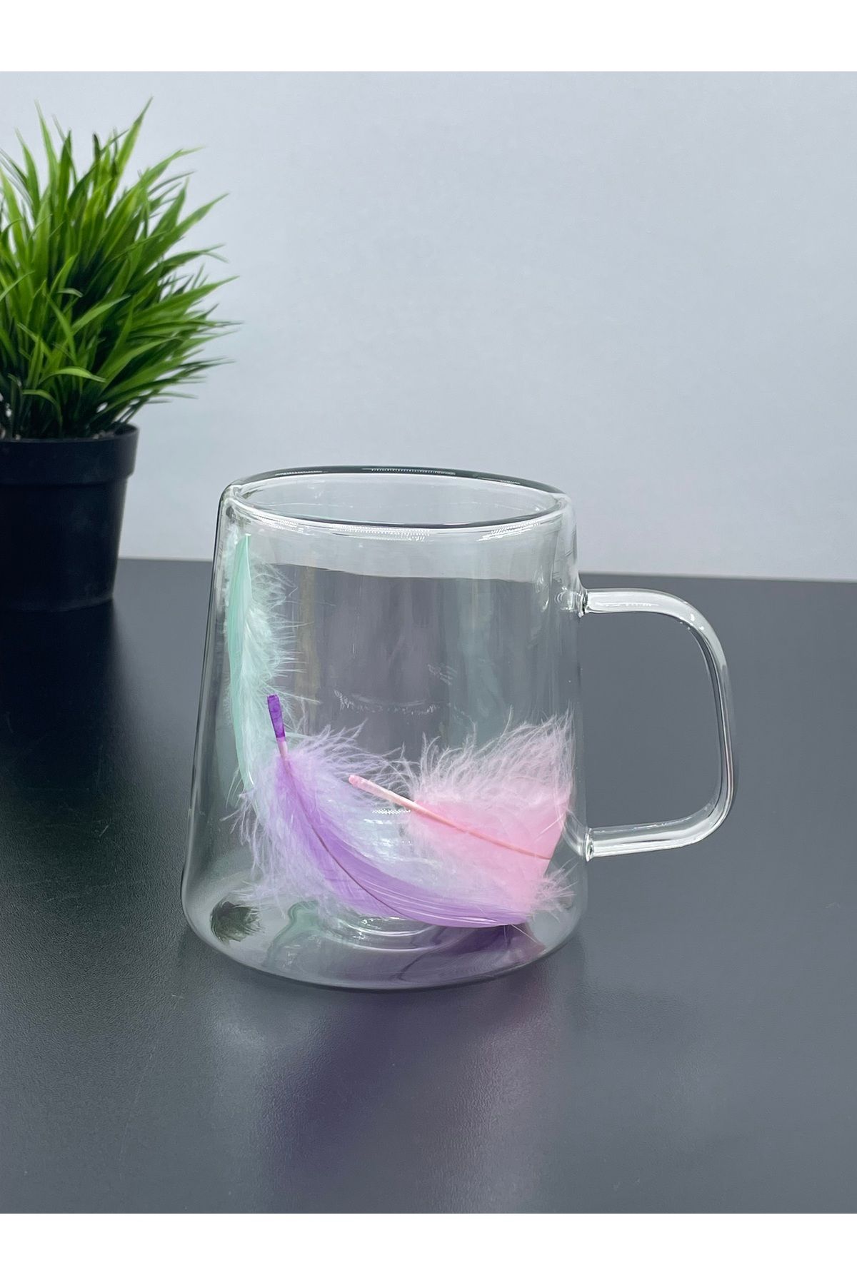 YzHome Tekli Çift Cidarlı Cam Kulplu Tüylü Kupa Bardak 250 ml