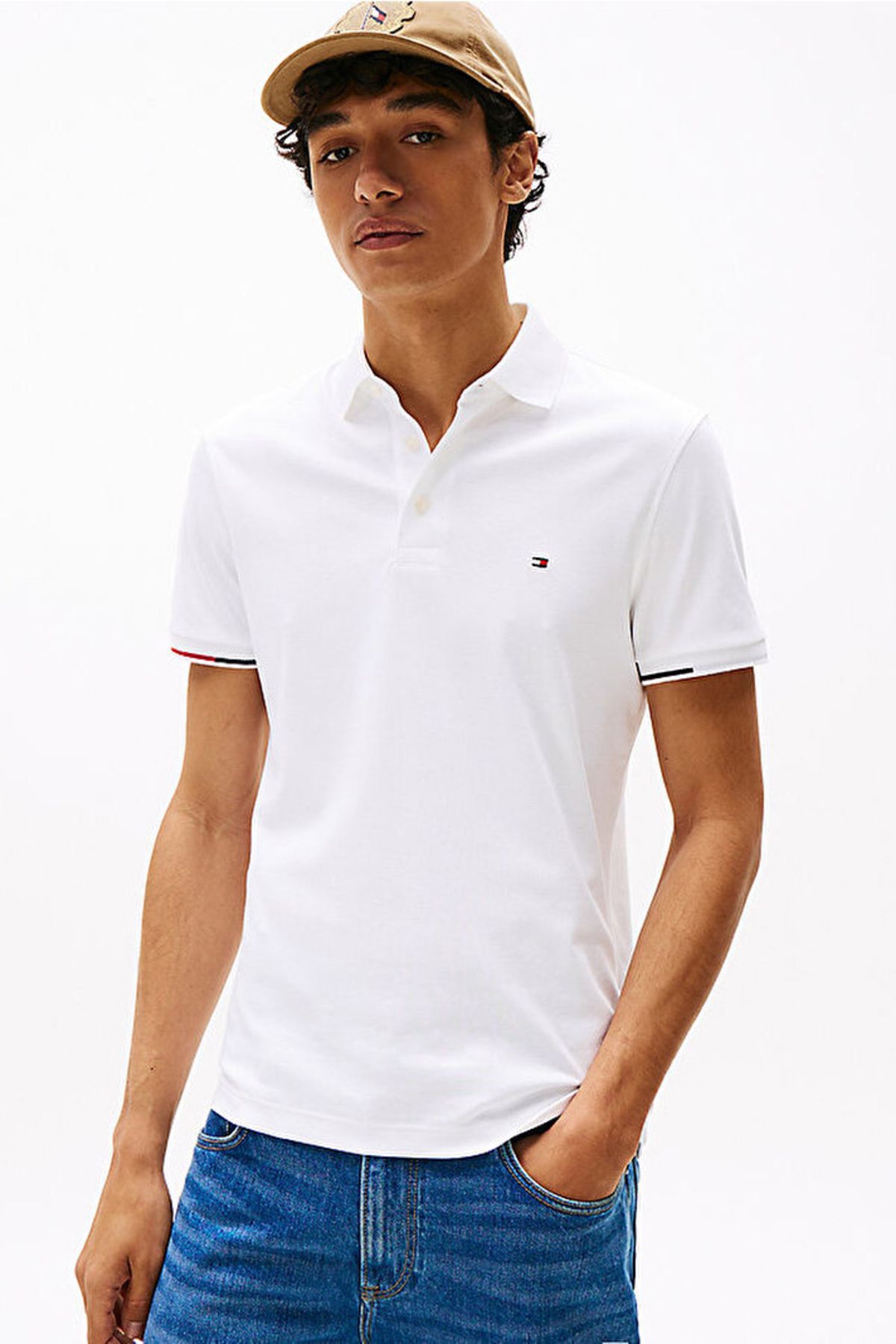 Tommy Hilfiger Erkek İnterlock Flagcuff Polo T-Shirt - Beyaz