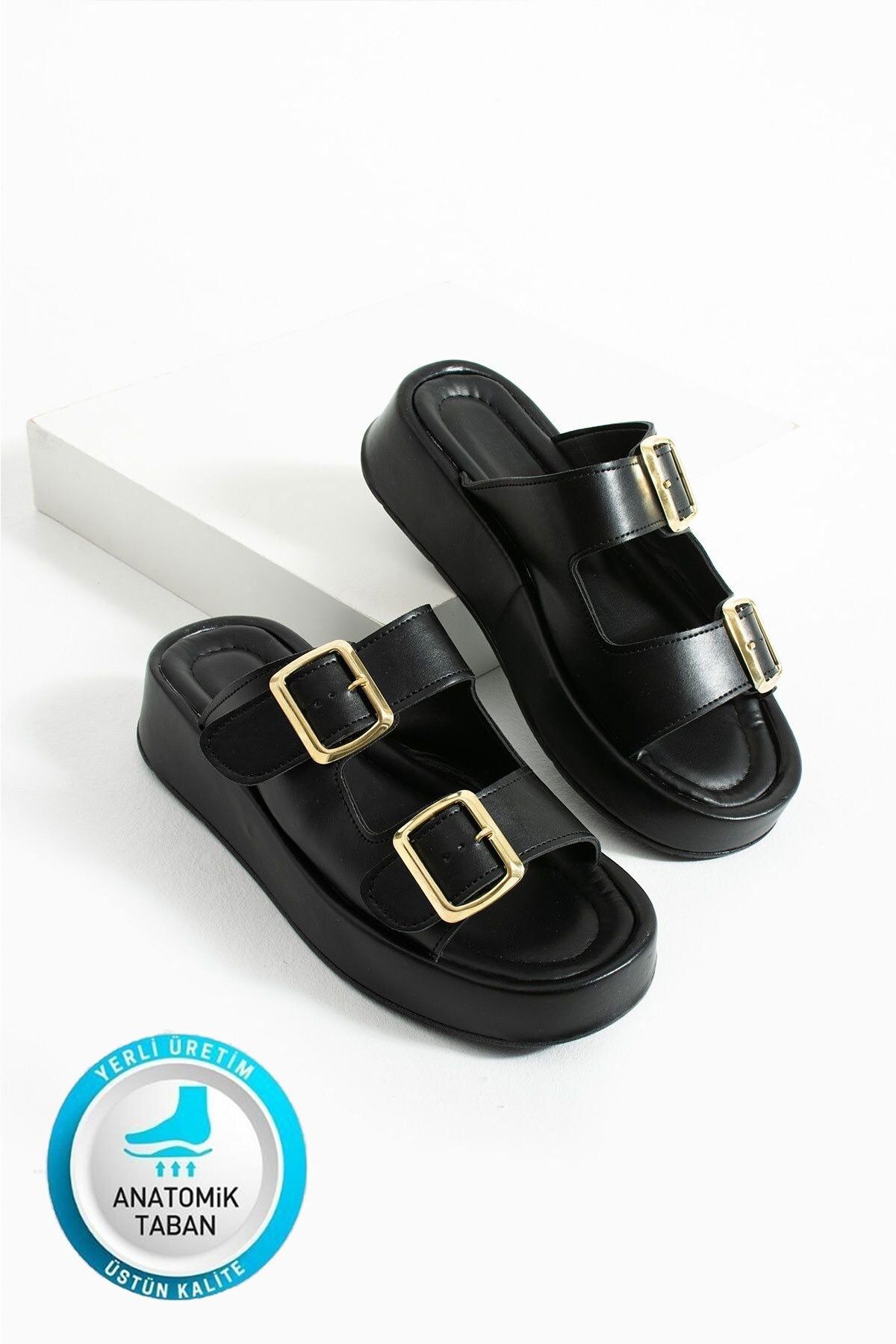 AlbiShoes Calie Kadın Anatomik Comfort İki Bantlı Gold Detay Toka Yazlık Günlük Flat Sandalet Terlik