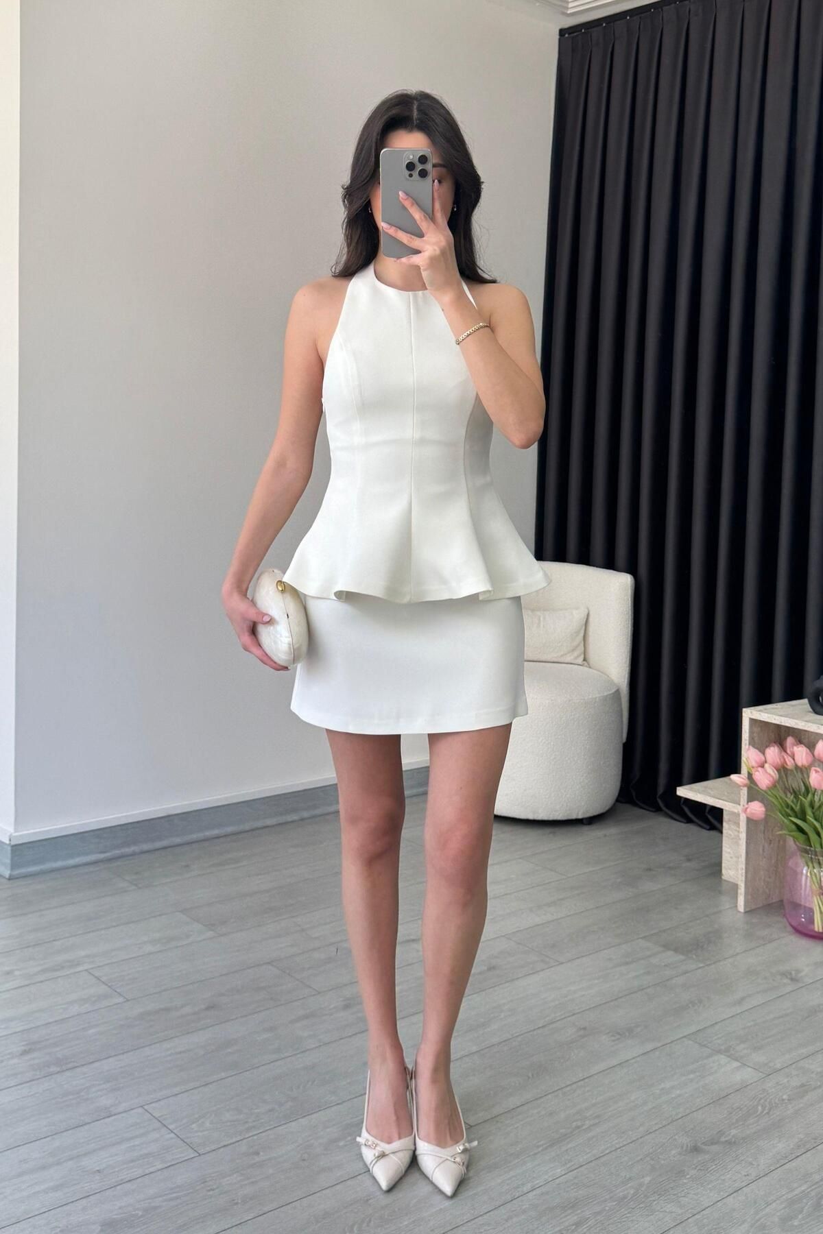 ECEMİ Flora Ekru Volanlı Büstiyer Etek Takım