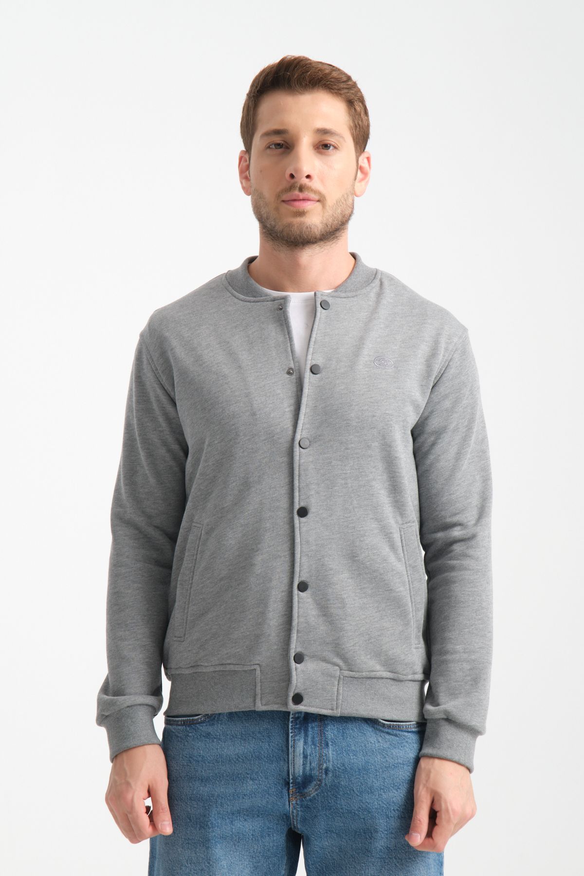 Shooter Sportswear Erkek Sweatshirt Düğmeli Gri Melanj Standart Kalıp