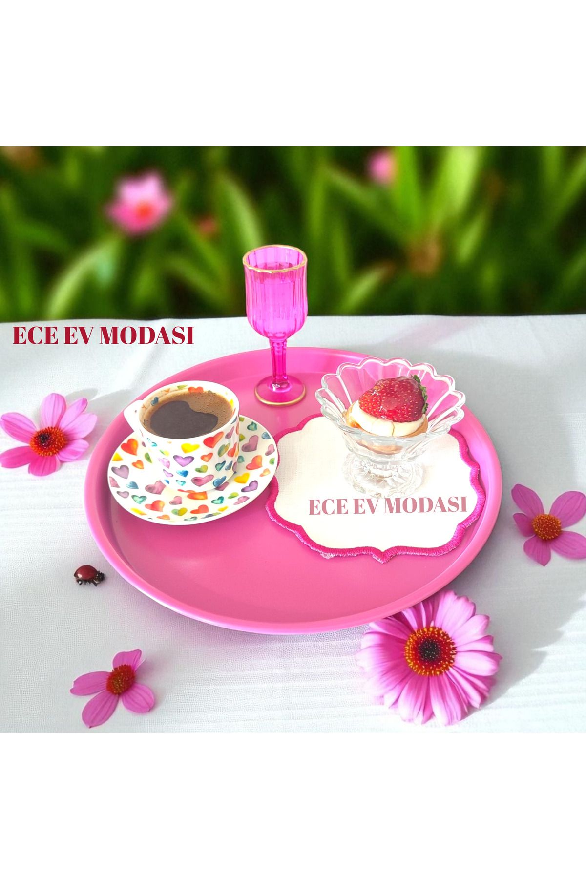 EceAksesuar 6'lı Metal Yuvarlak Çay, Kahve, Pasta Servis Tepsisi Dekoratif Sunum Tepsisi 24 Cm