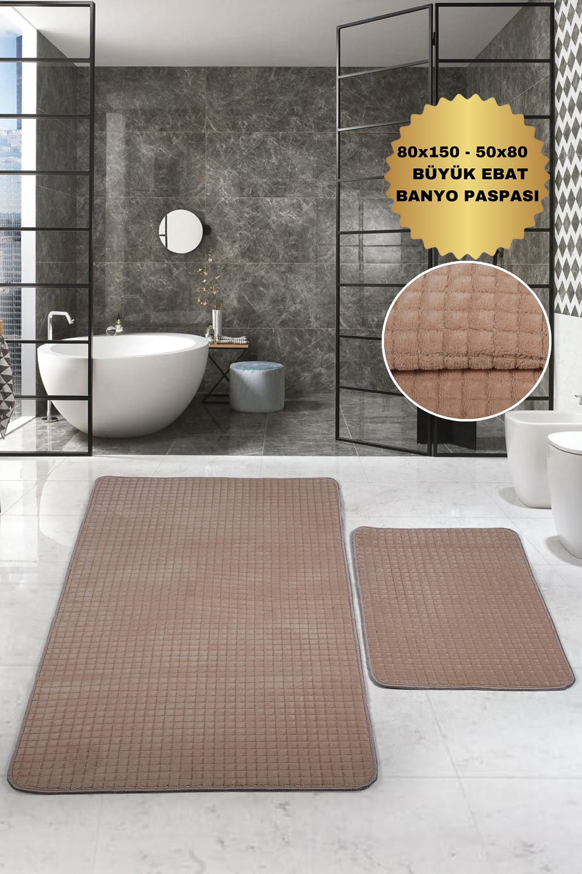 Bestekar LuxSquare Kahve Büyük Boy Kaymaz Tabanlı Yıkanabilir Emici Yumuşak İkili Banyo Paspas Takımı
