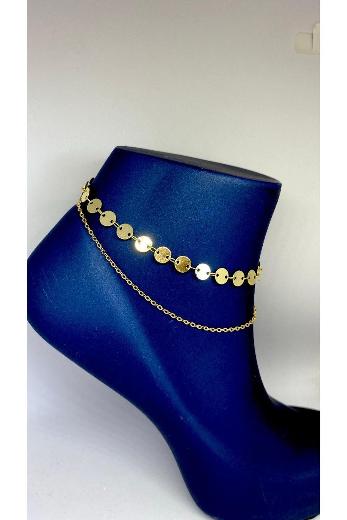 Axuu Collection Pullu İki Zincirli Halhal Gold Halhal Pullu Halhal Pullu Zincir Halhal Şık Halhal