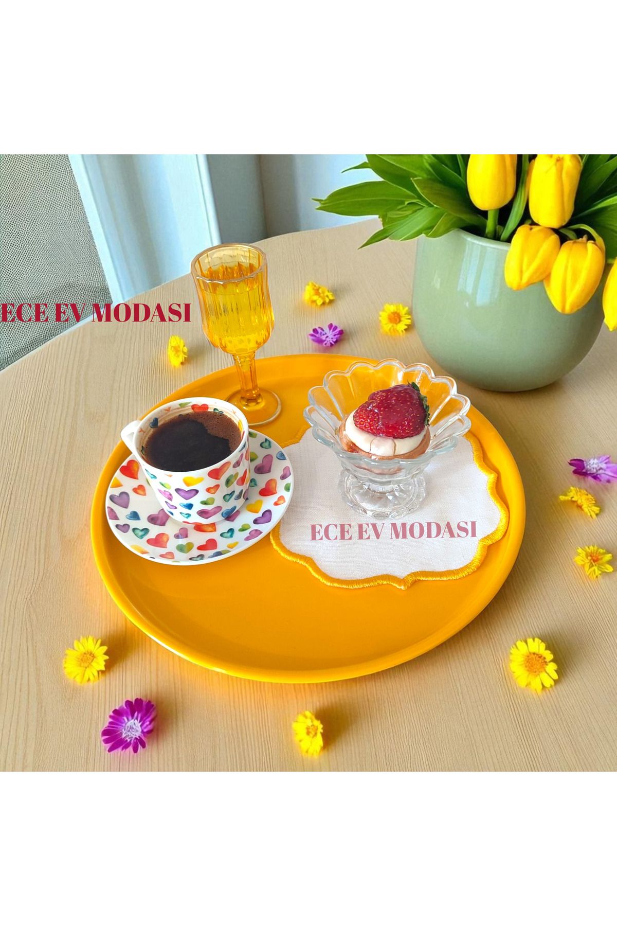 EceAksesuar 6'lı Metal Yuvarlak Çay, Kahve, Pasta Servis Tepsisi Dekoratif Sunum Tepsisi 24 Cm