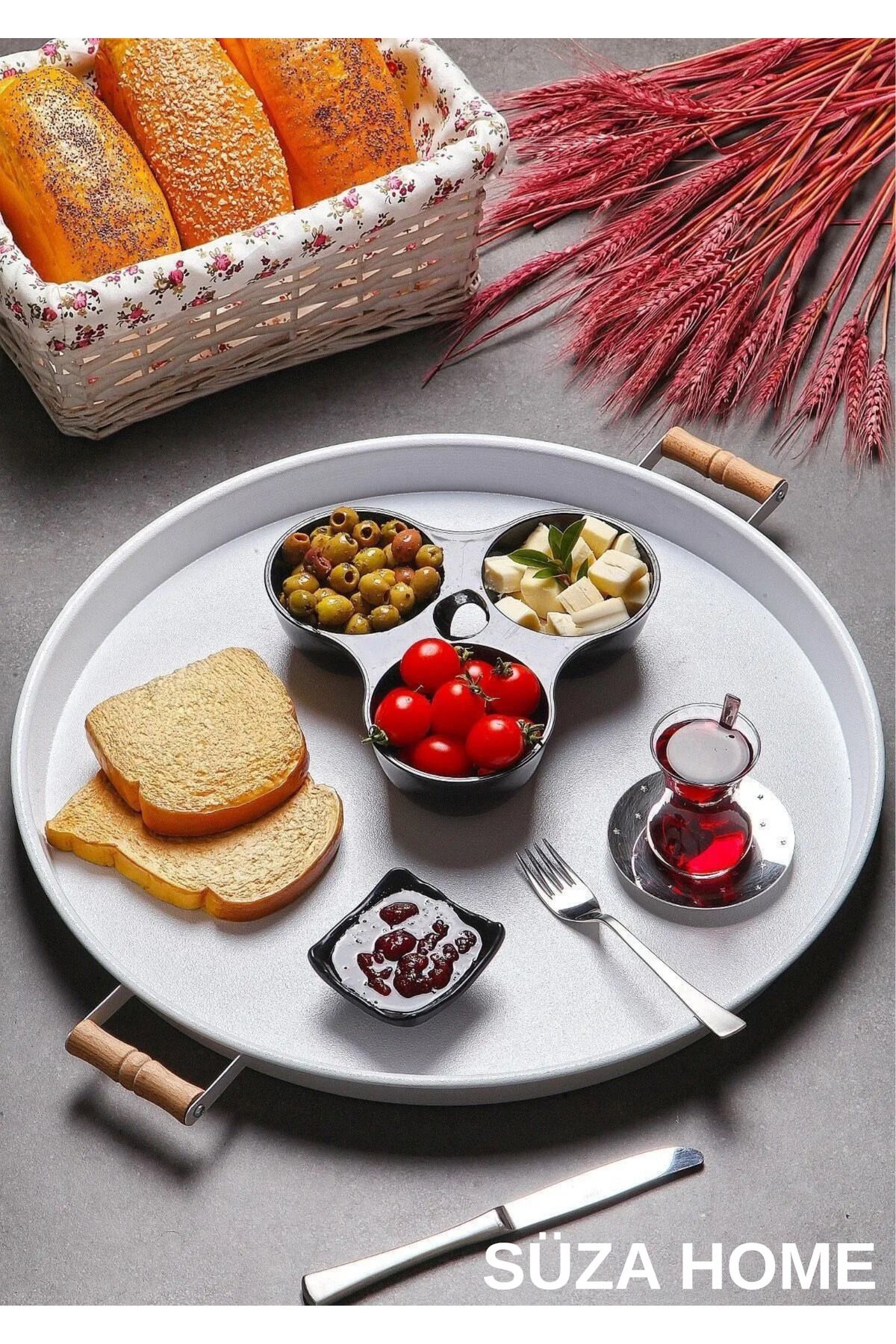 süza home Metal 45 cm orta boy kulplu yuvarlak tepsi