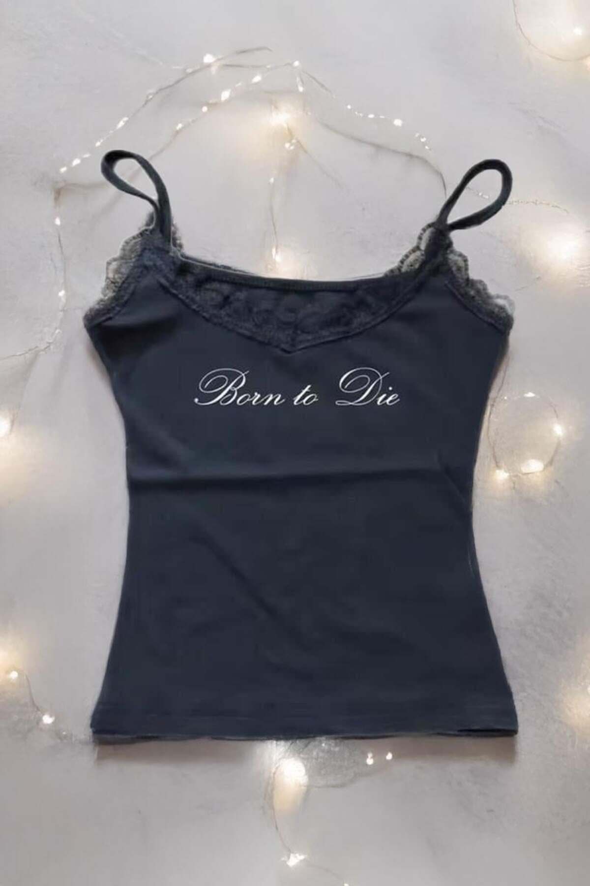 Karakedi Siyah Lana Del Rey Born To Die Dantel Yakalı Gotik Y2K Askılı Crop