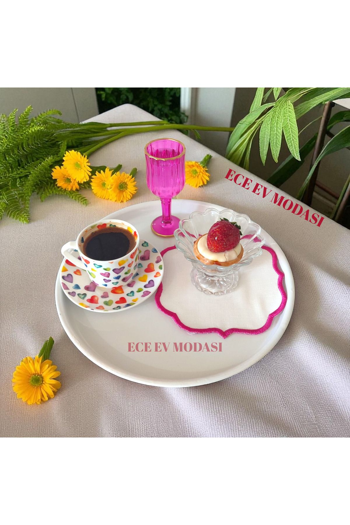 EceAksesuar 6'lı Metal Yuvarlak Çay, Kahve, Pasta Servis Tepsisi Dekoratif Sunum Tepsisi 24 Cm