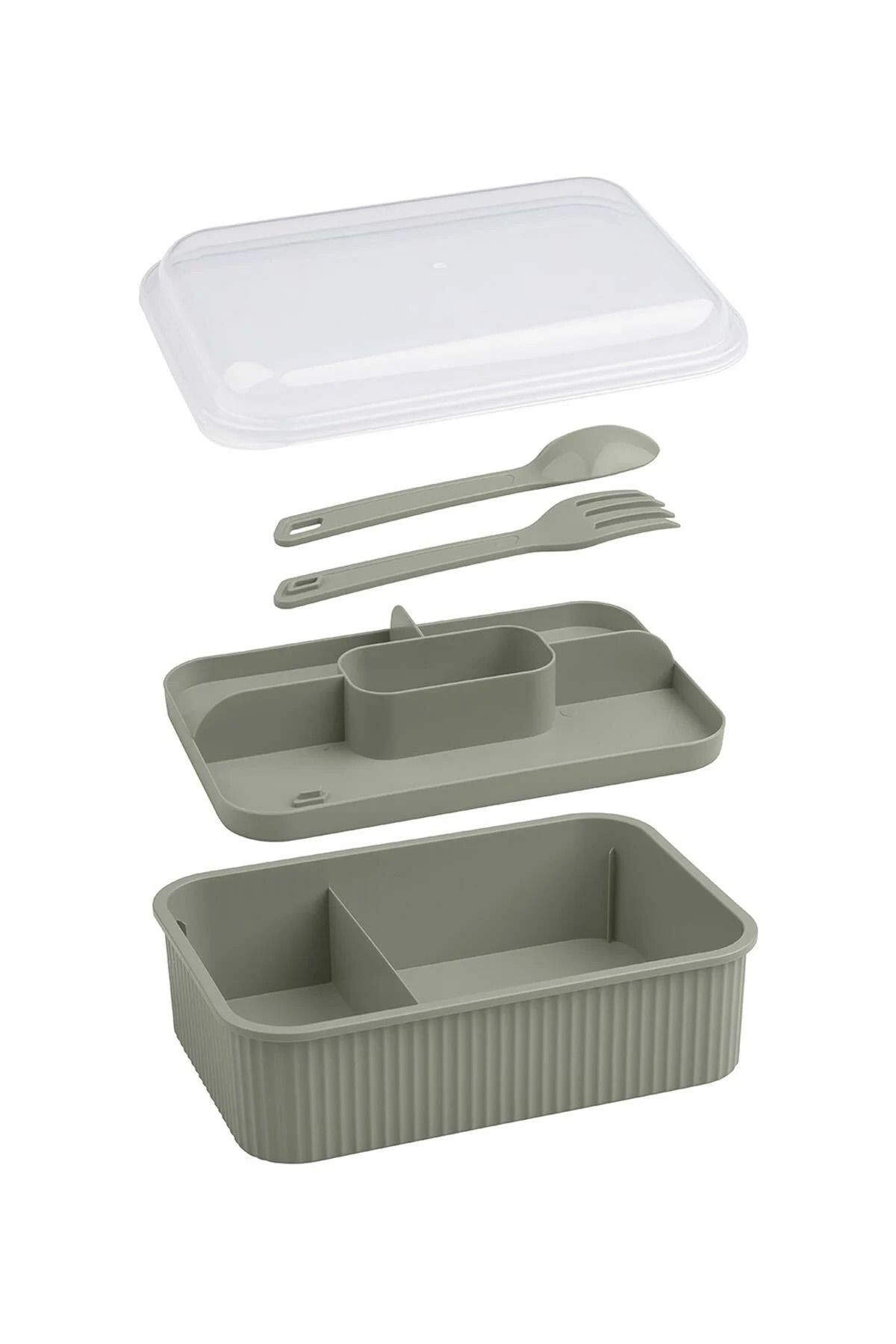 Milena Life Çizgili 5 Bölmeli Beslenme Kutusu Çatal Kaşıklı Şeffaf Kapaklı Sızdırmaz Lunch Box Okul Ofis 1 Adet