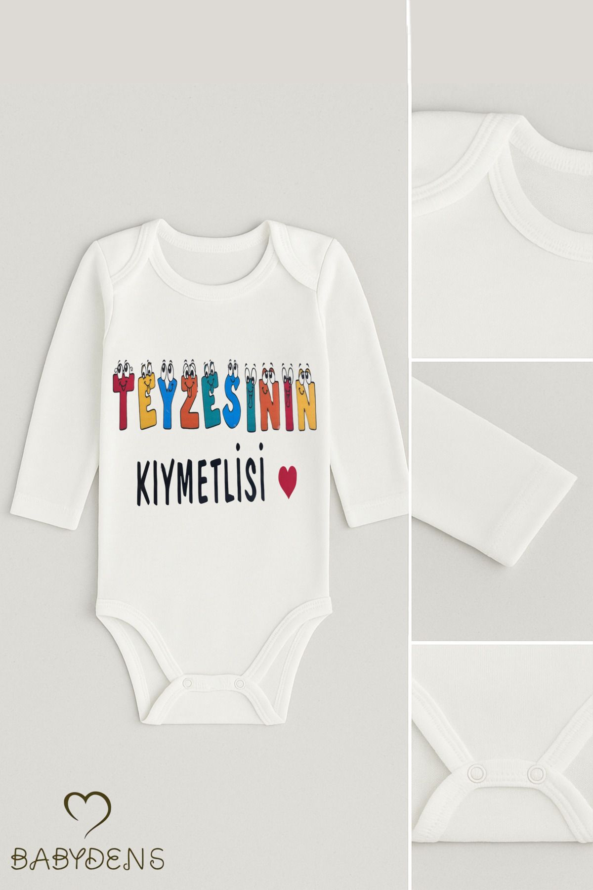 BABYDEN'S Teyzesinin Kıymetlisi Yazılı Bebek Zıbını Uzun Kollu %100 Pamuk Çıtçıtlı Body 0-24 Ay Unisex Zıbın
