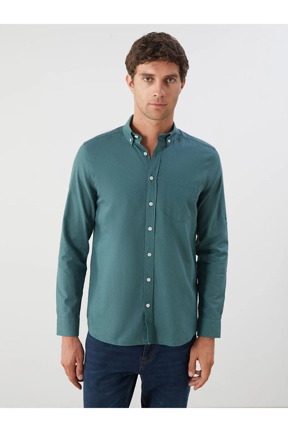 LC Waikiki LCWAIKIKI Classic Yeşil Regular Fit Uzun Kollu Keten Karışımlı Erkek Gömlek