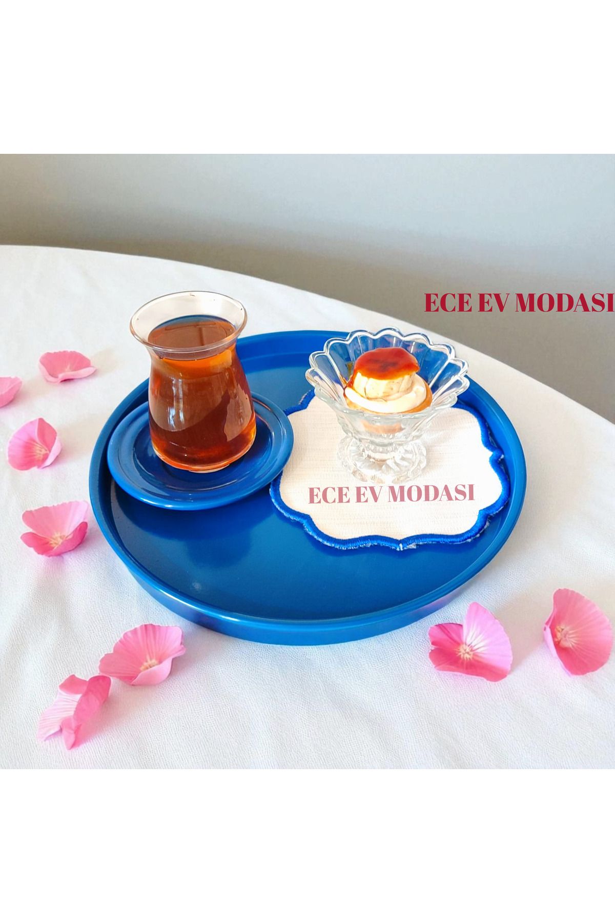 EceAksesuar 6'lı Metal Yuvarlak Çay, Kahve, Pasta Servis Tepsisi Dekoratif Sunum Tepsisi 24 Cm