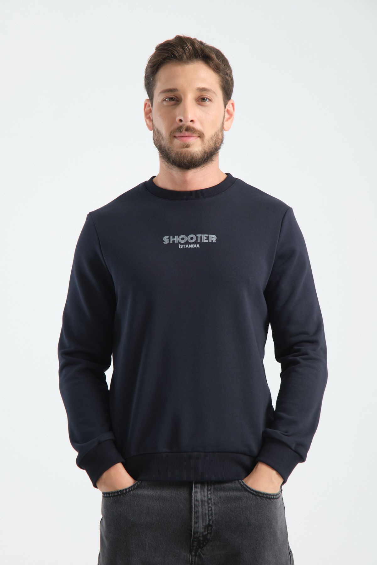 Shooter Sportswear Erkek Deluxe Sweatshirt Lacivert Baskı Detaylı Standart Kalıp