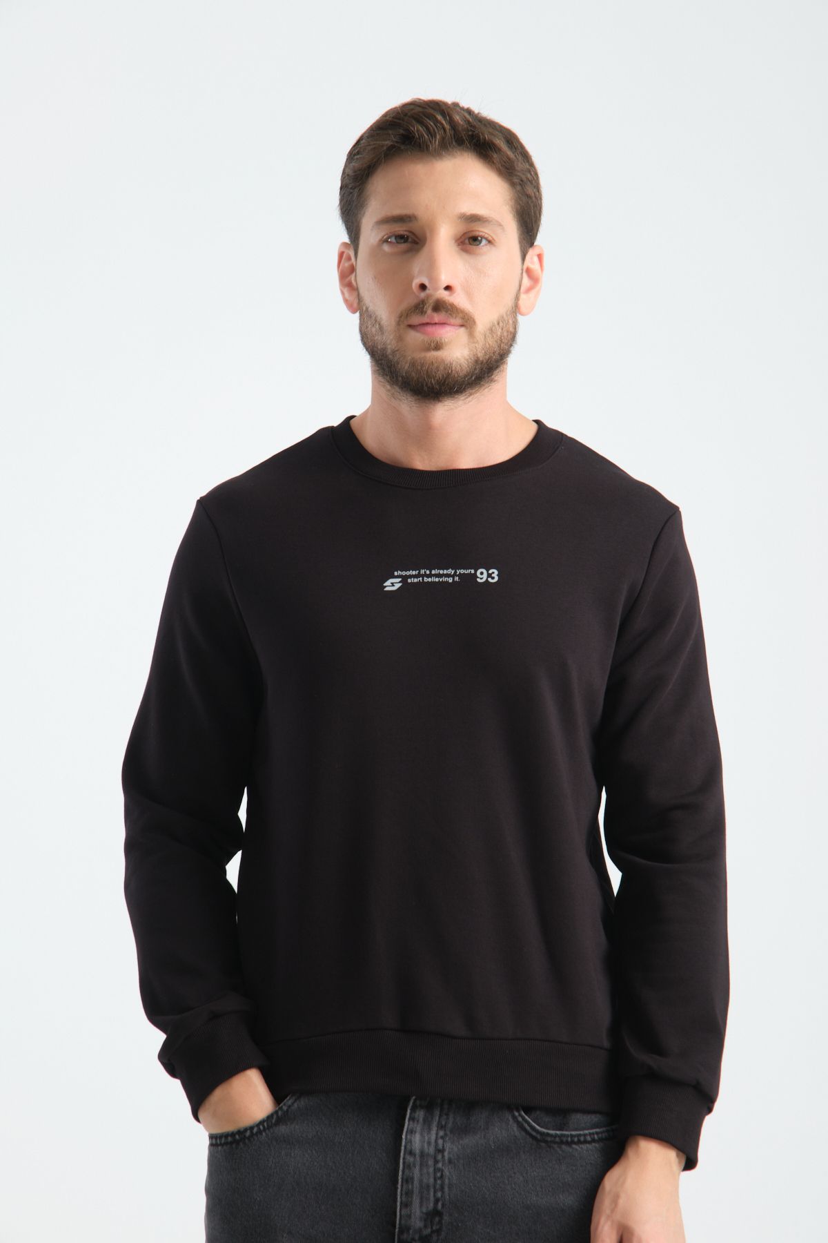 Shooter Sportswear Erkek Premium Sweatshirt Siyah Minimal Baskı Standart Kalıp
