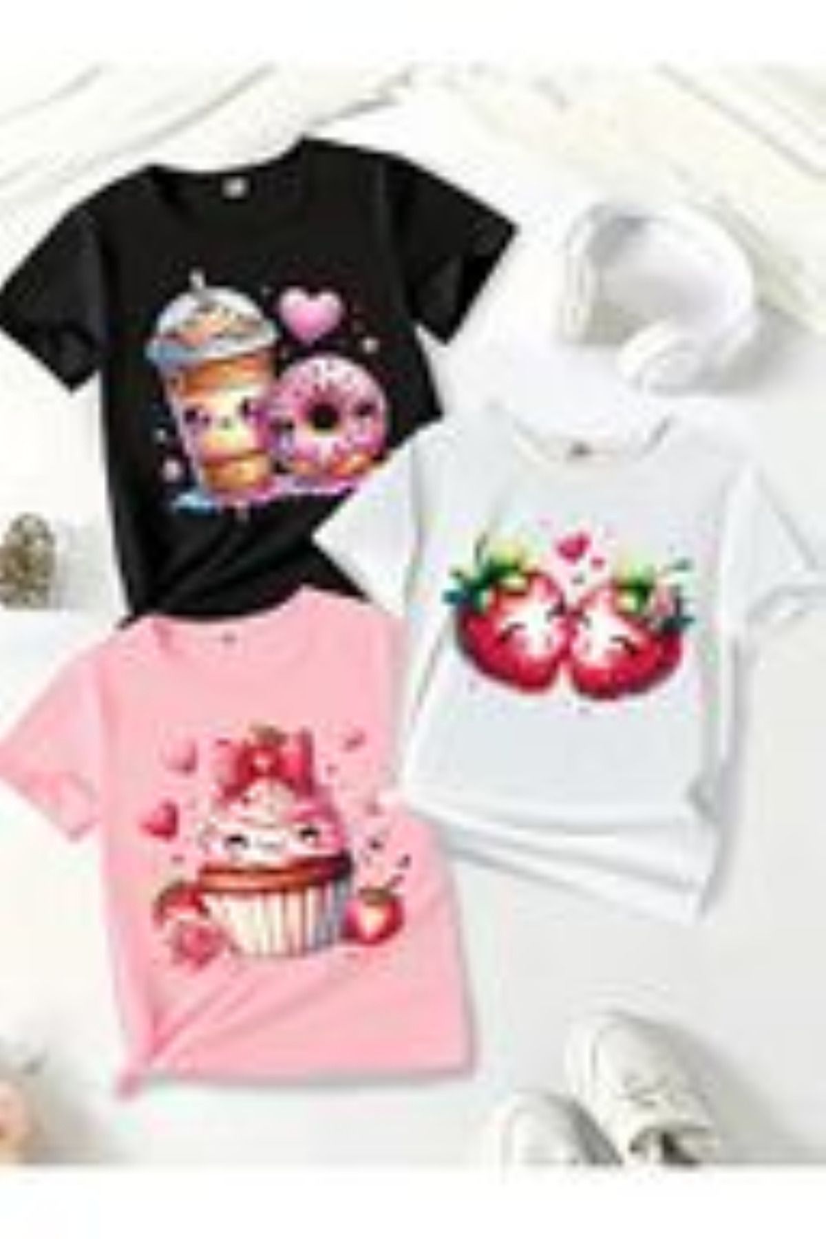 LUNAVISTA iNewModa Kız Kısa Kollu Tişörtler, Sevimli Karikatür Baskı, Meyveli Kek, Çilekli Donut