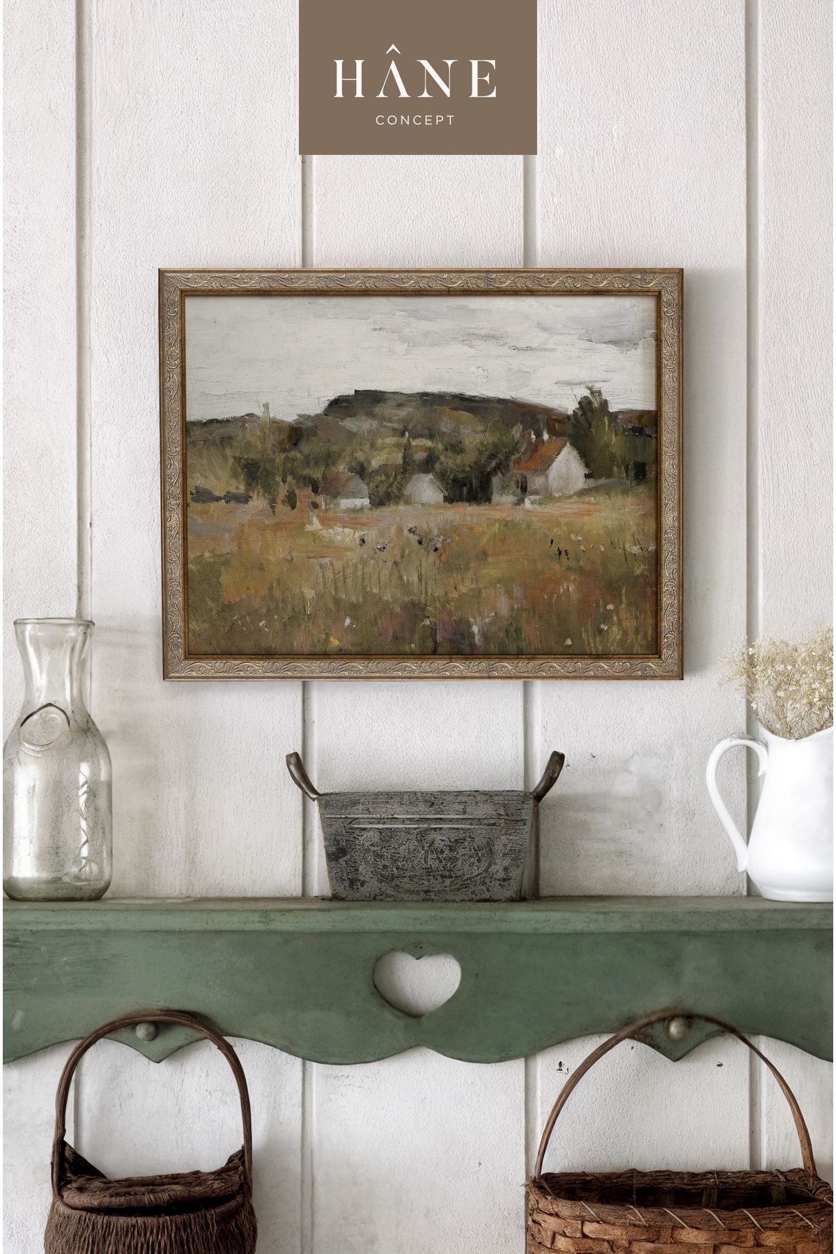 Hane Concept Vintage Köy Manzara Tablosu, Sanatsal Baskılı Tablo, Çiftlik Evi Tarzı Dekor, Hane Concept Tablo