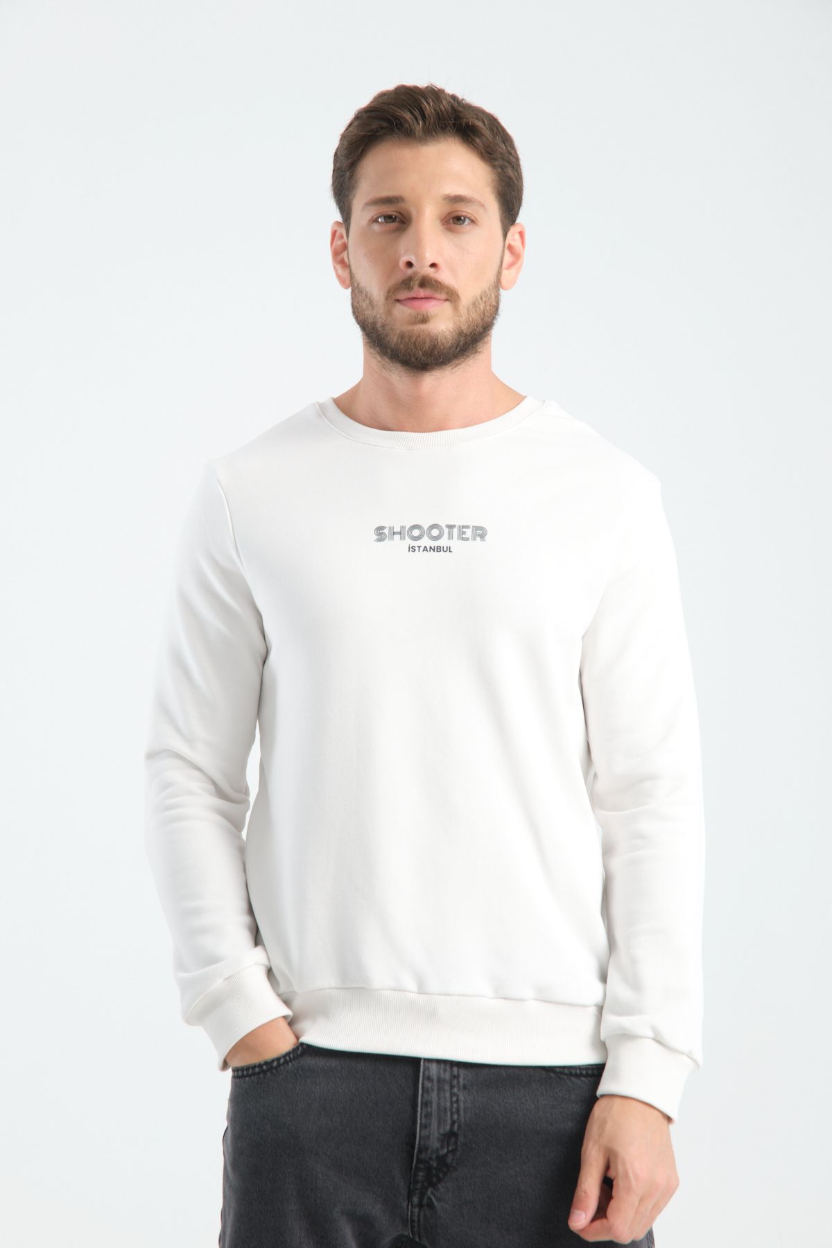 Shooter Sportswear Erkek Deluxe Sweatshirt Ekru Baskı Detaylı Standart Kalıp