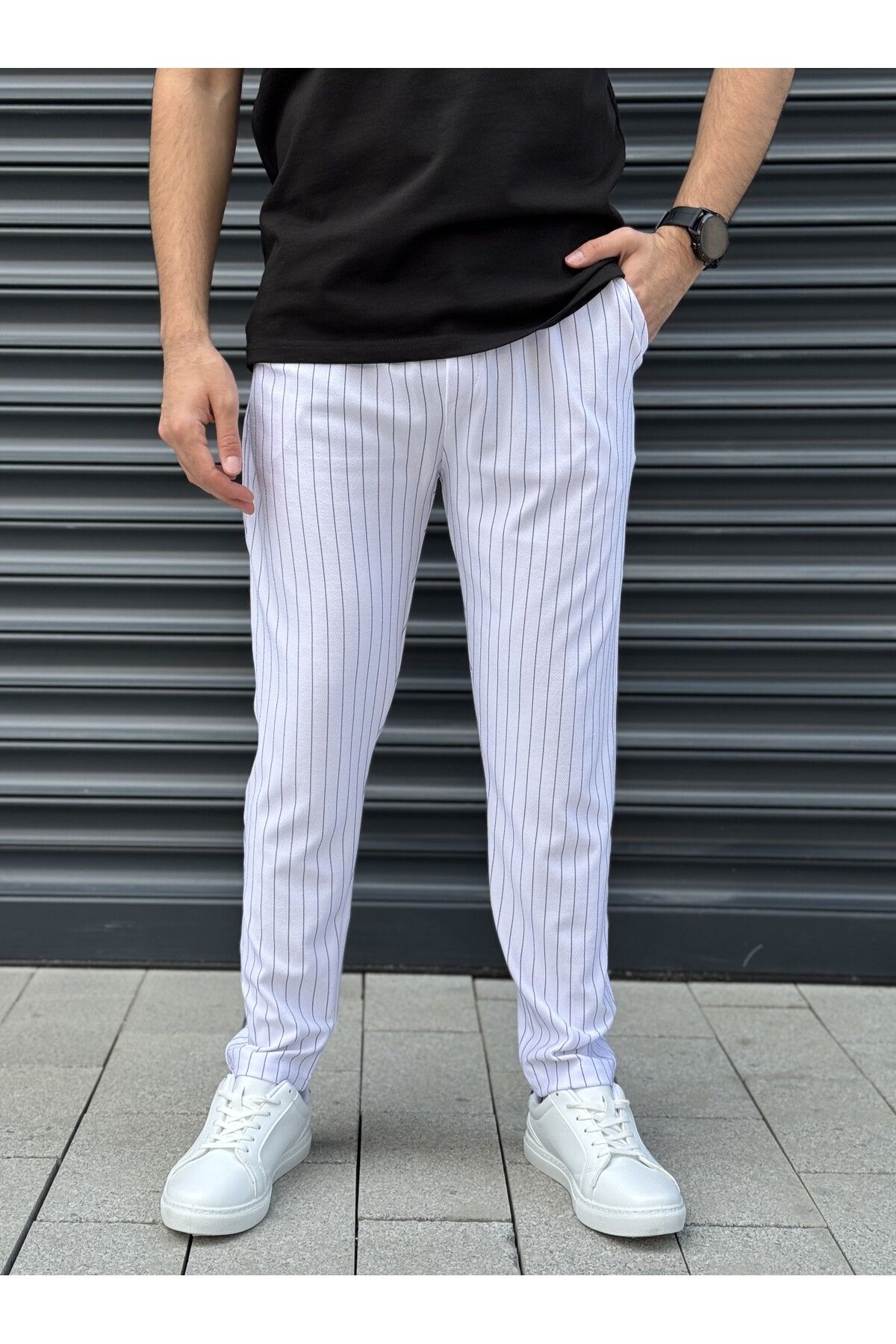 loisswear Slim Fit Krep Çizgili Bel Lastikli Jogger Pantolon
