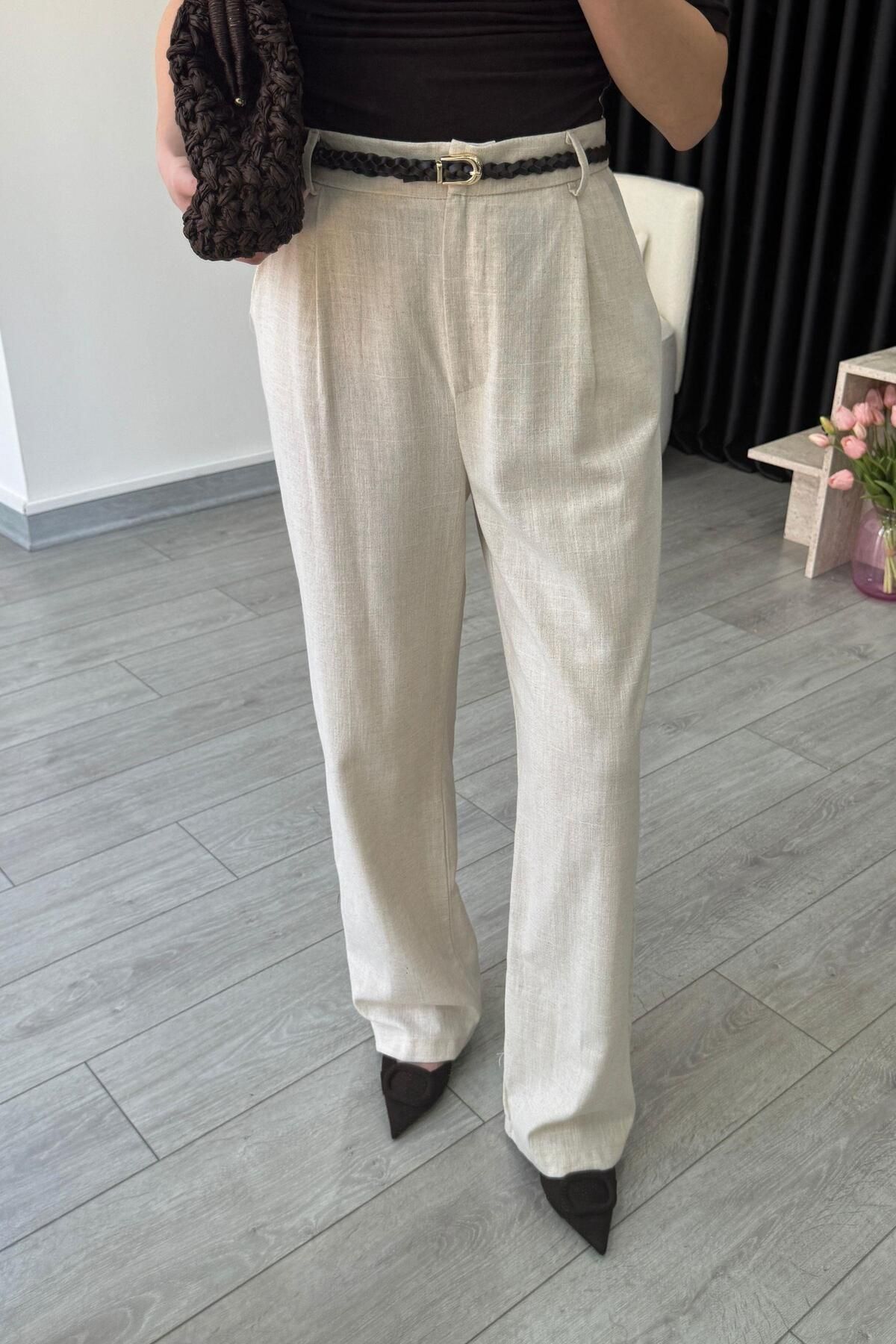 ECEMİ Duno Natural Keten Kemerli Pantolon