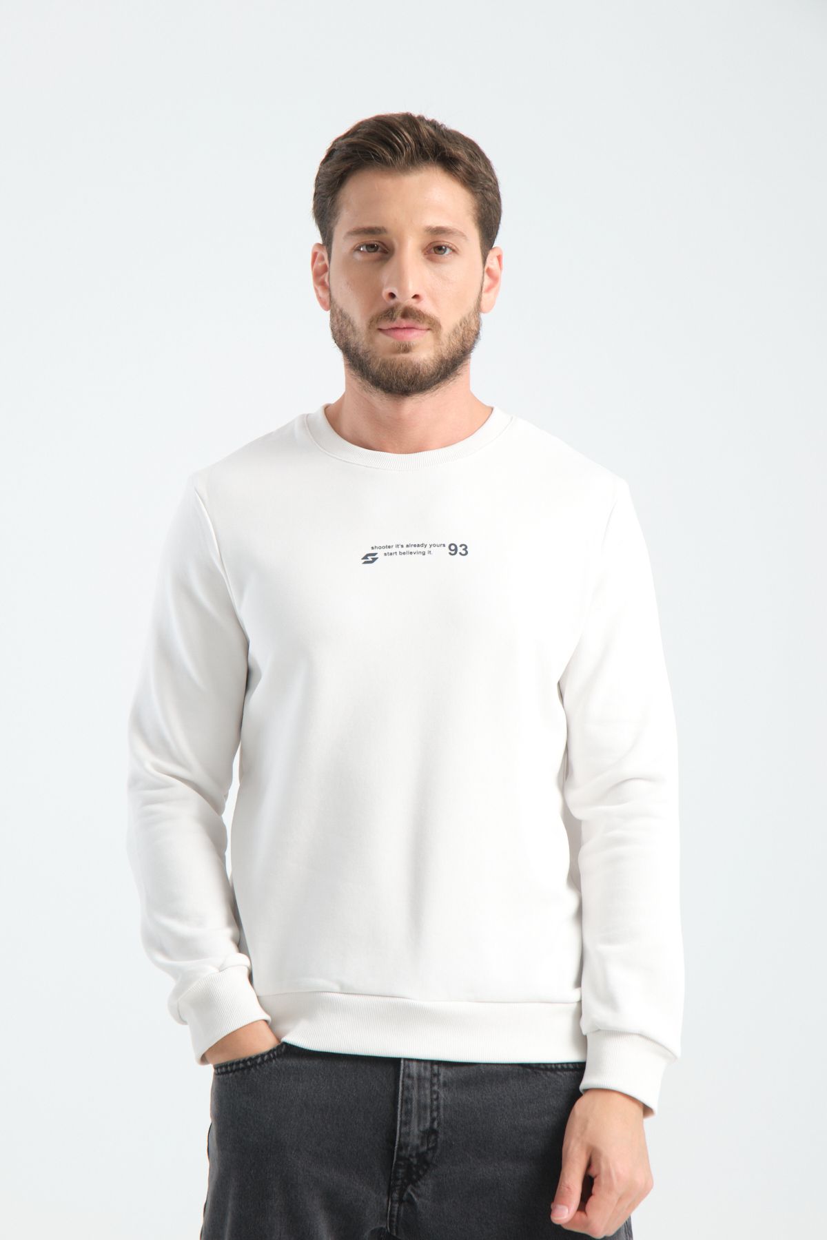 Shooter Sportswear Erkek Premium Sweatshirt Ekru Minimal Baskı Standart Kalıp