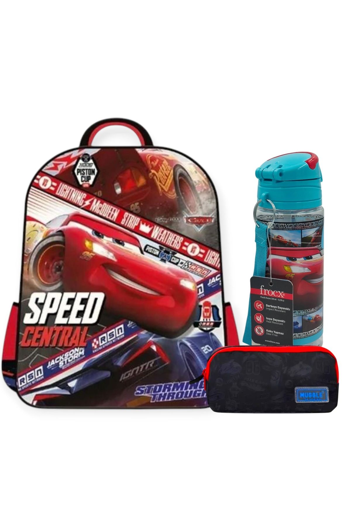 Disney Cars Anaokul Sırt Çantası , Çift Gözlü Kalem Çantası Set - Lisanslı Suluk&Matara Hediye