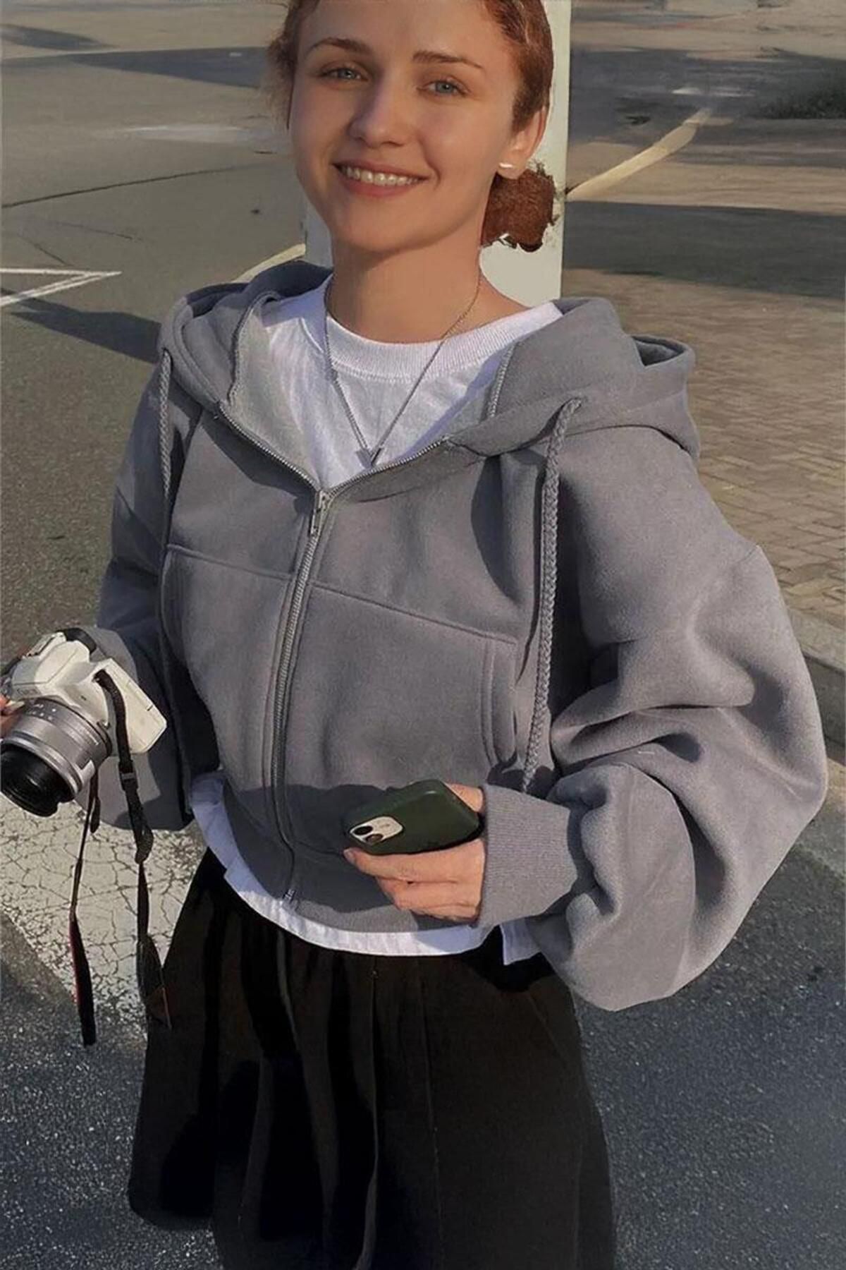 Köstebek Füme Kalın Kumaş Kapüşonlu Y2K Harajuku Crop Hırka