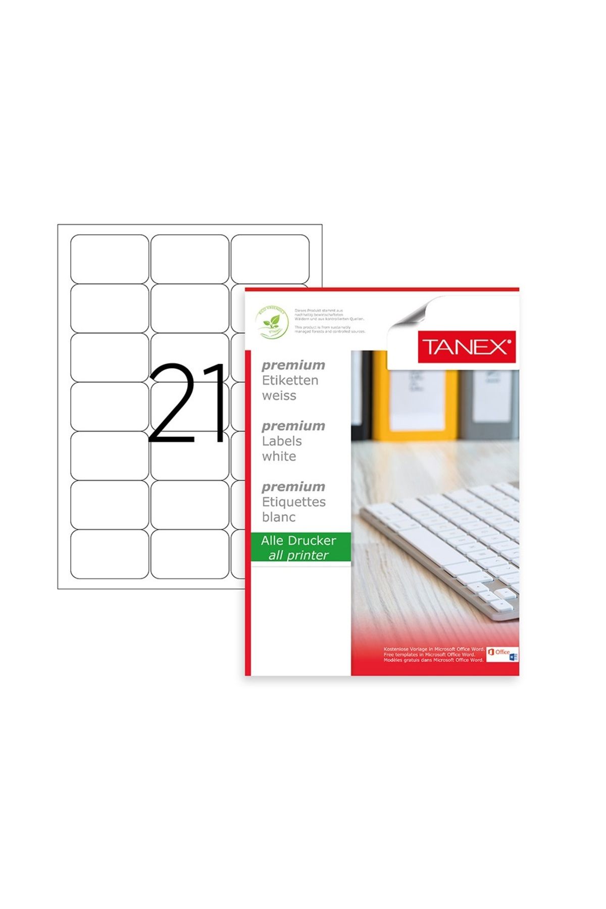 JokeyKırtasiye A4 Hazır yapışkanlı TW-2021 LASER ETİKET - 63.5mm x 38.1mm - (100.YAPRAK / 2100 ETİKET)