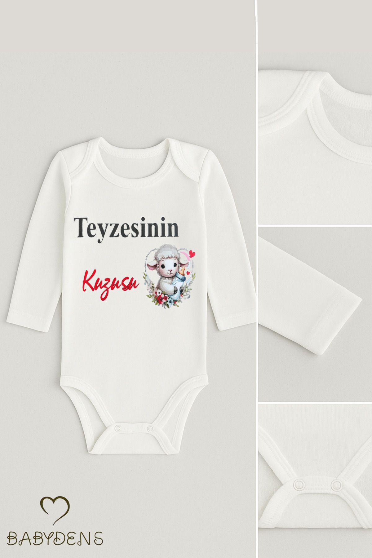 BABYDEN'S Teyzesinin Kuzusu Yazılı Bebek Zıbını %100 Pamuk Unisex Uzun Kollu Body 0-24 Ay Çıtçıtlı Bebek Body