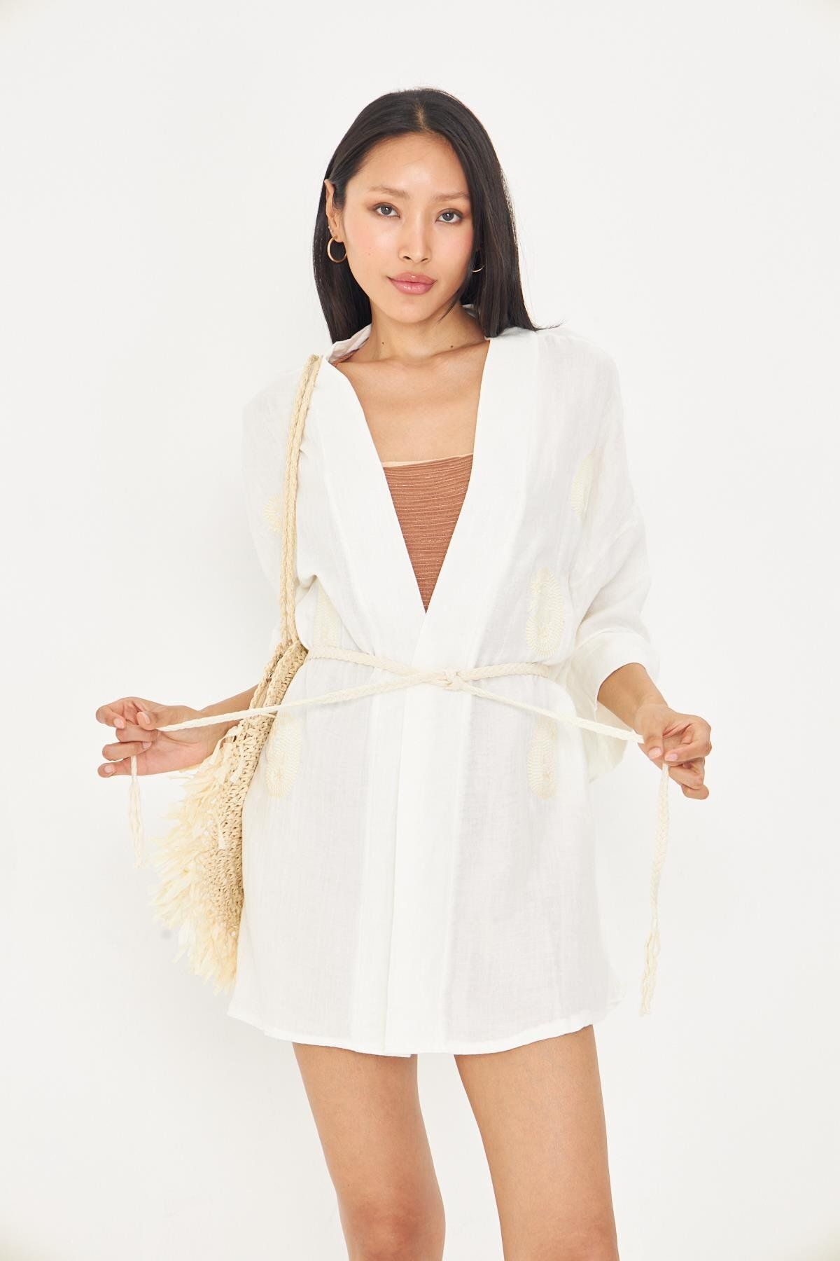 TIFFANY&TOMATO Nakışlı Keten Karışımlı Müslin Kimono
