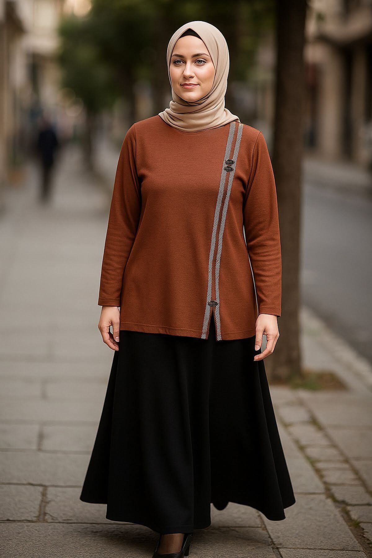 ULUBAŞ Ulubaş Kadın Şerit Modelli Metal Takılı Esnek Taba Bluz