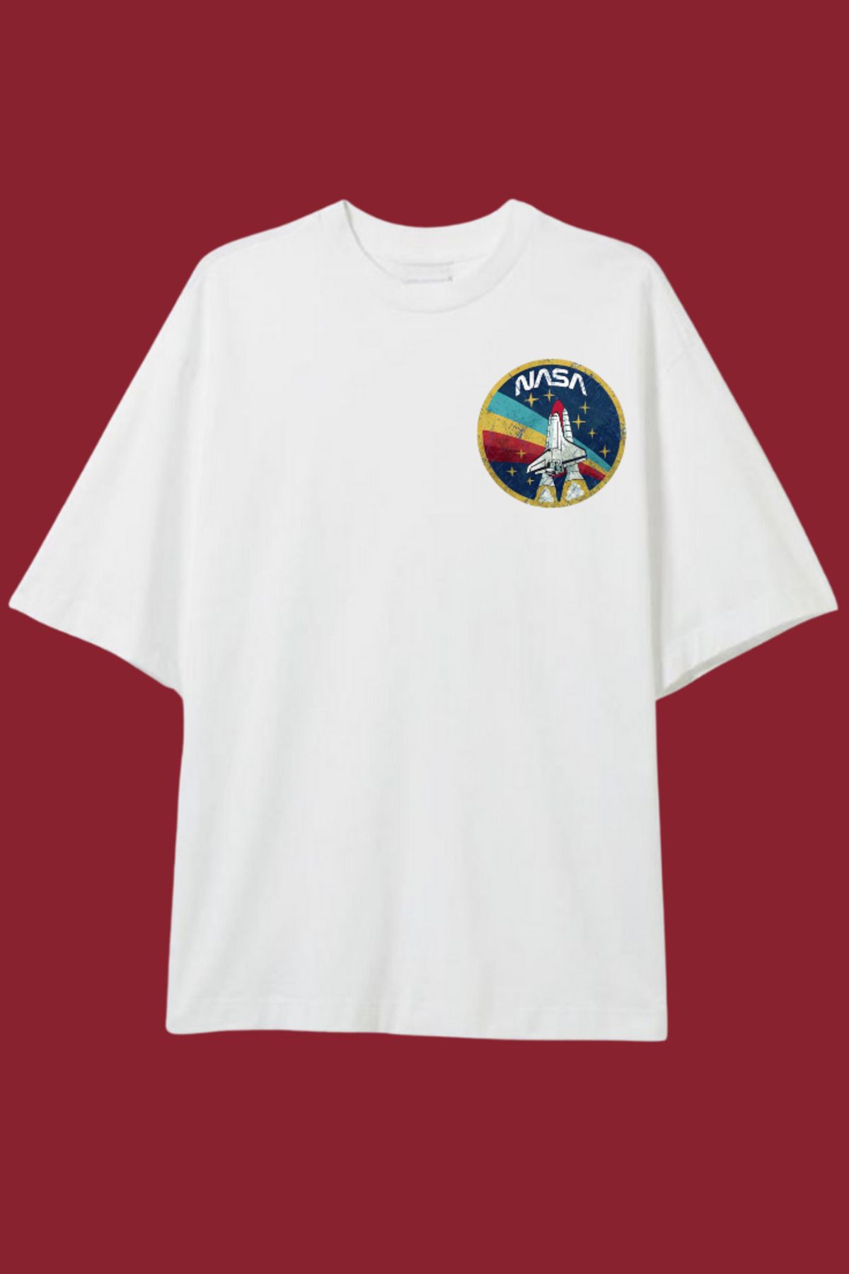 Dupe Design Nasa Baskılı Oversize Beyaz T-shirt