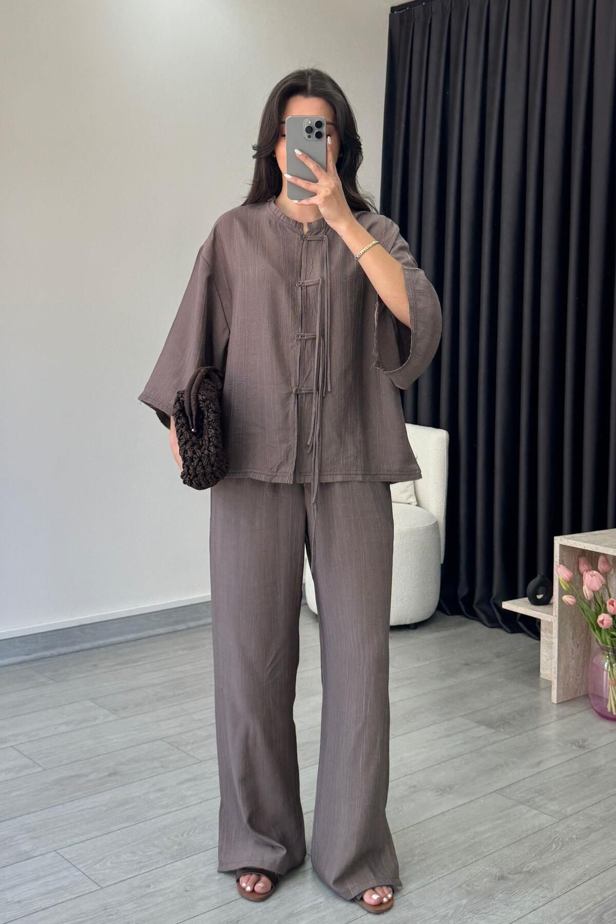 ECEMİ Deny Kahve Bluz Pantolon Takım