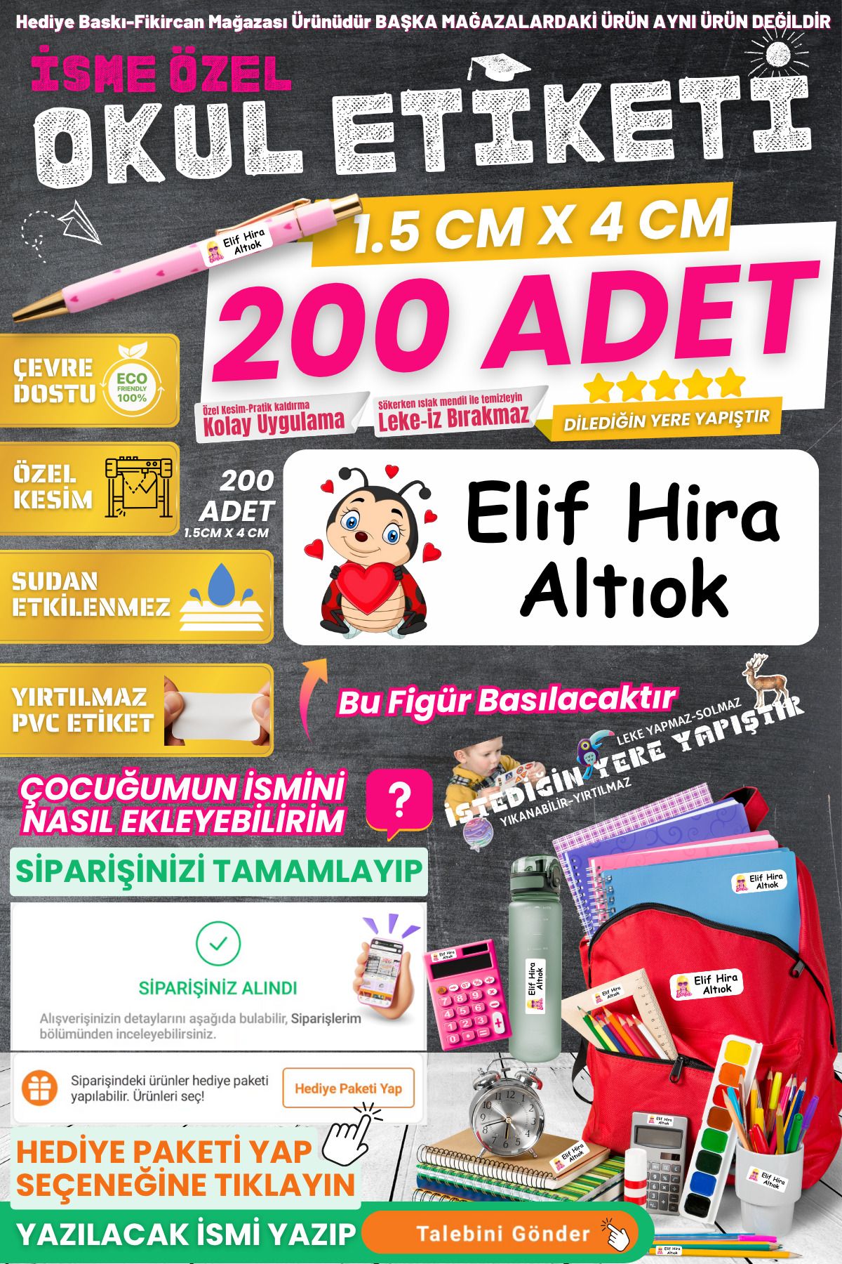 FİKİRCAN Fikircan-İsme Özel Okul Etiketi-SEVİMLİ UĞUR BÖCEĞİ 200 Adet - Kokusuz Ekolojik Mürekkep PVC ETİKET