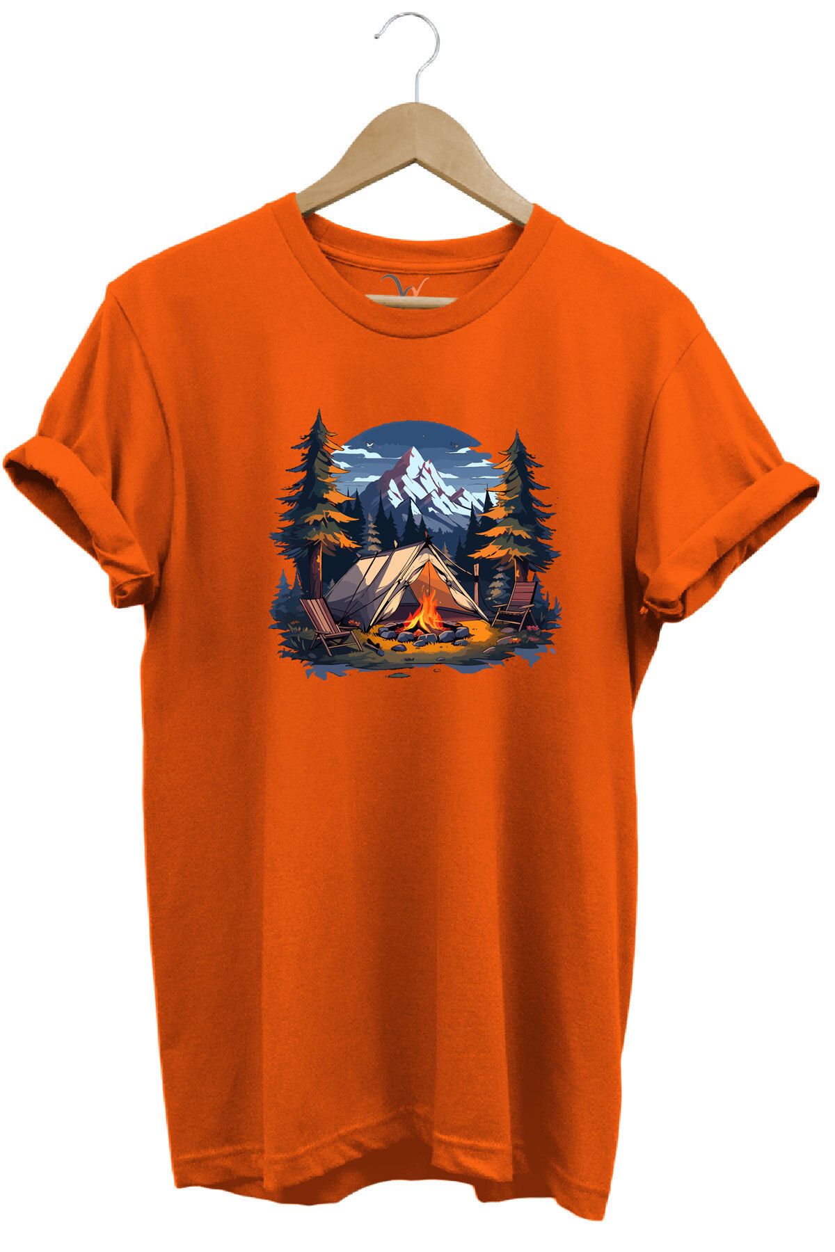 WİDİ Yazlık Kamp Doğa Çadır ve Dağ Baskılı %100 Pamuk Regular Fit Bisiklet Yaka T-shirt