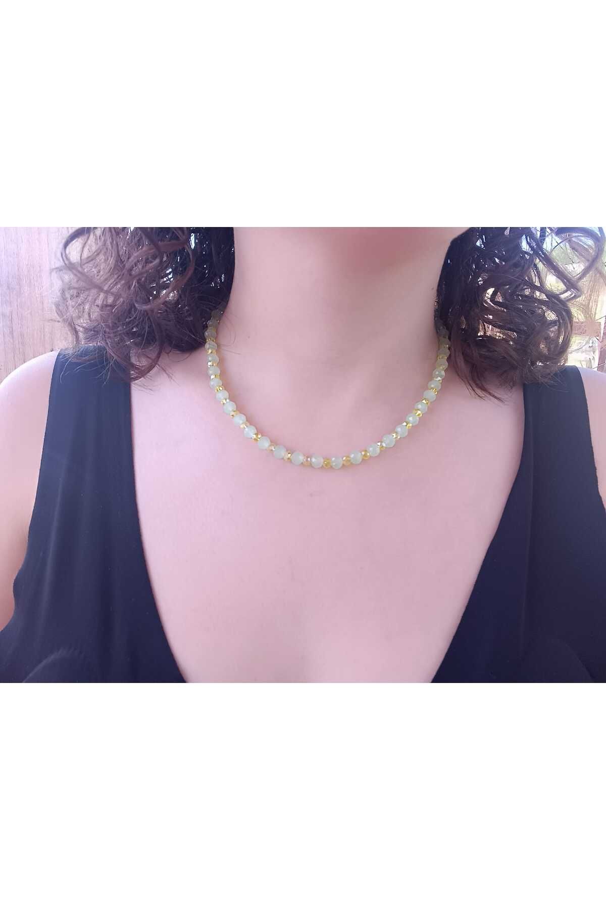 Fata Morgana Accessory Su Yeşili Kristal Boncuklu Sarı Detaylı Kolye