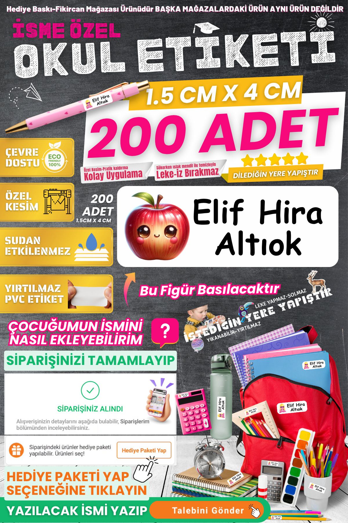 FİKİRCAN Fikircan-İsme Özel Okul Etiketi-SEVİMLİ ELMA 200 Adet - Kokusuz Ekolojik Mürekkep PVC ETİKET