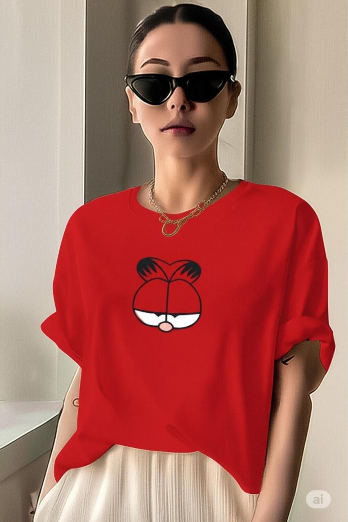 NO 601 Kadın Tatlı Kedi Baskılı Trend Bol Kalıp Oversize Tshirt