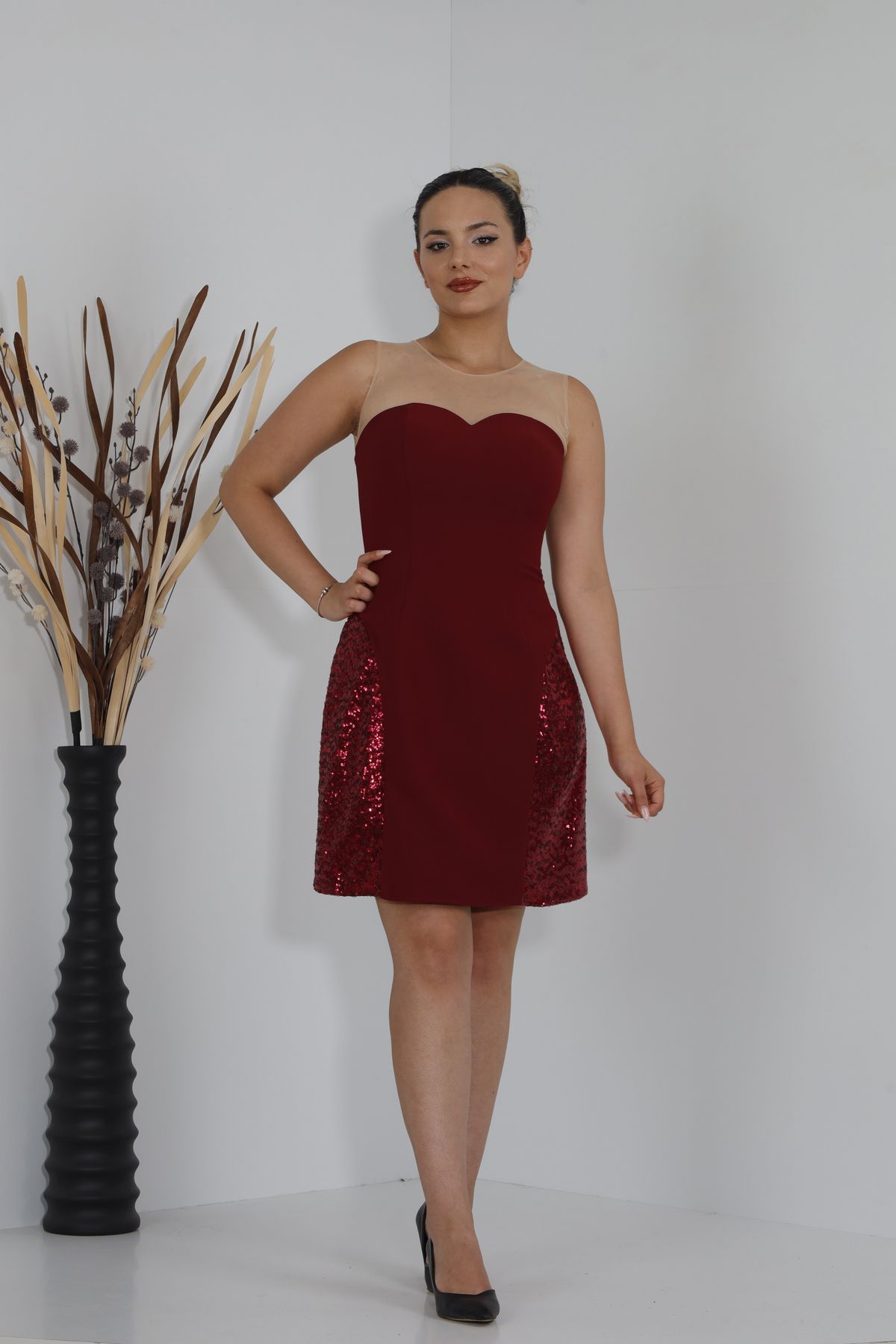 JEWEL DRESS STRAPLEZ PULLU MİNİ KREP ABİYE
