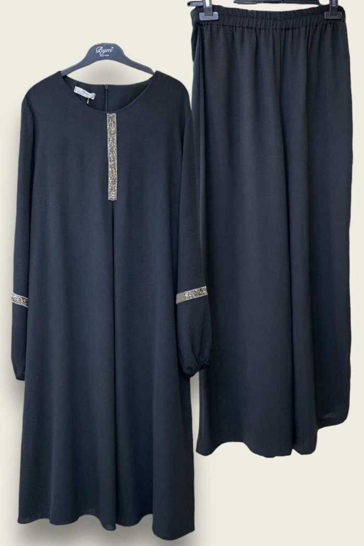 BYM Taş İşleme Detaylı Pantolonlu Tunik Takım 8464 Siyah