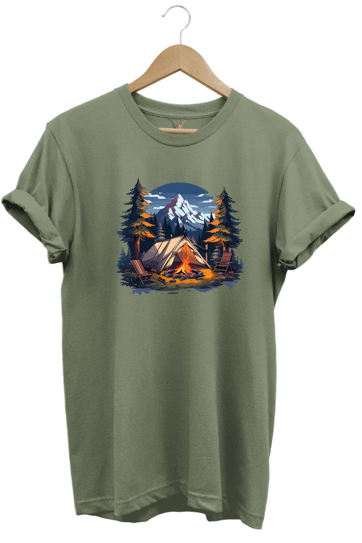 WİDİ Yazlık Kamp Doğa Çadır ve Dağ Baskılı %100 Pamuk Regular Fit Bisiklet Yaka T-shirt