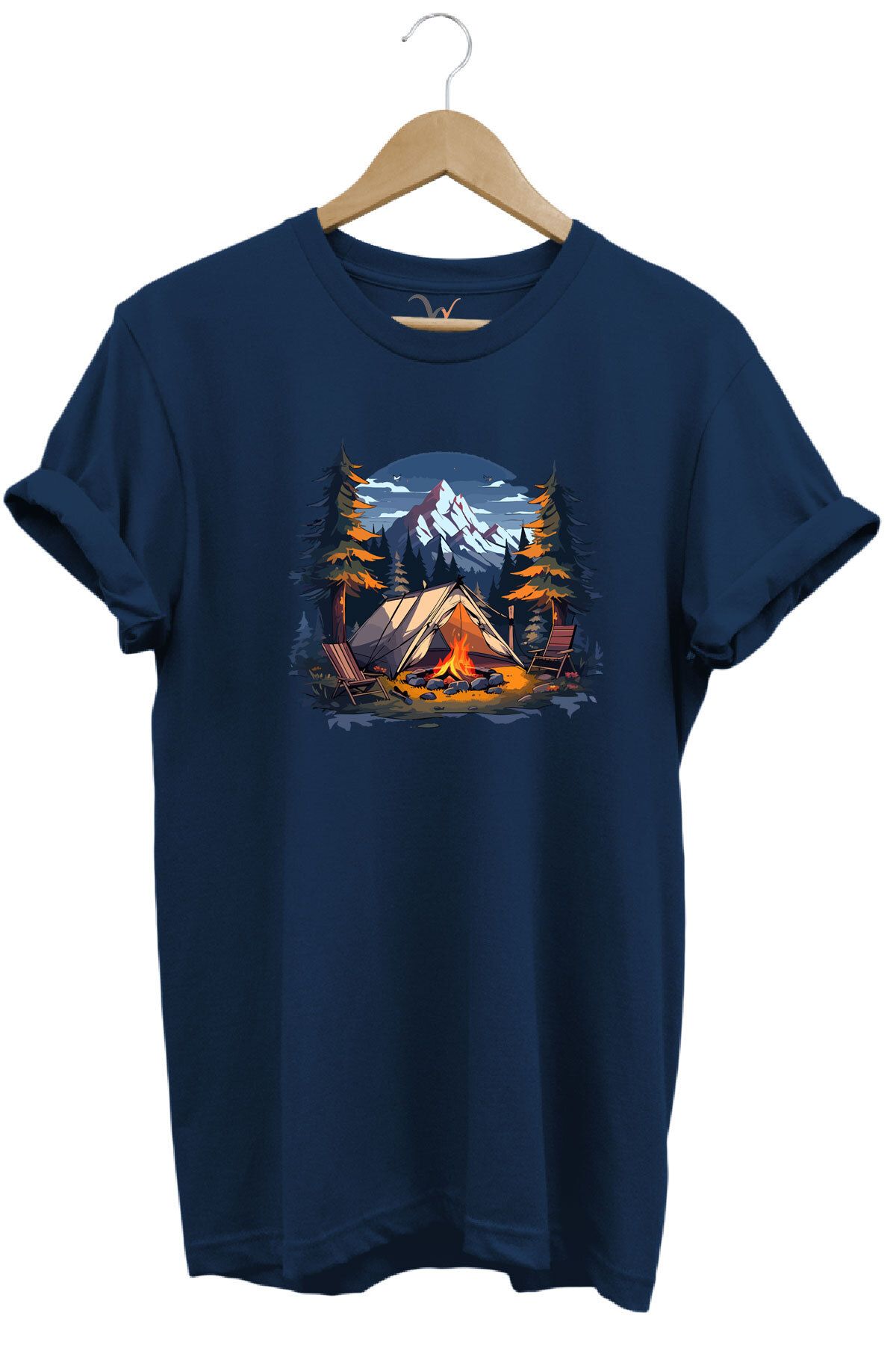 WİDİ Yazlık Kamp Doğa Çadır ve Dağ Baskılı %100 Pamuk Regular Fit Bisiklet Yaka T-shirt