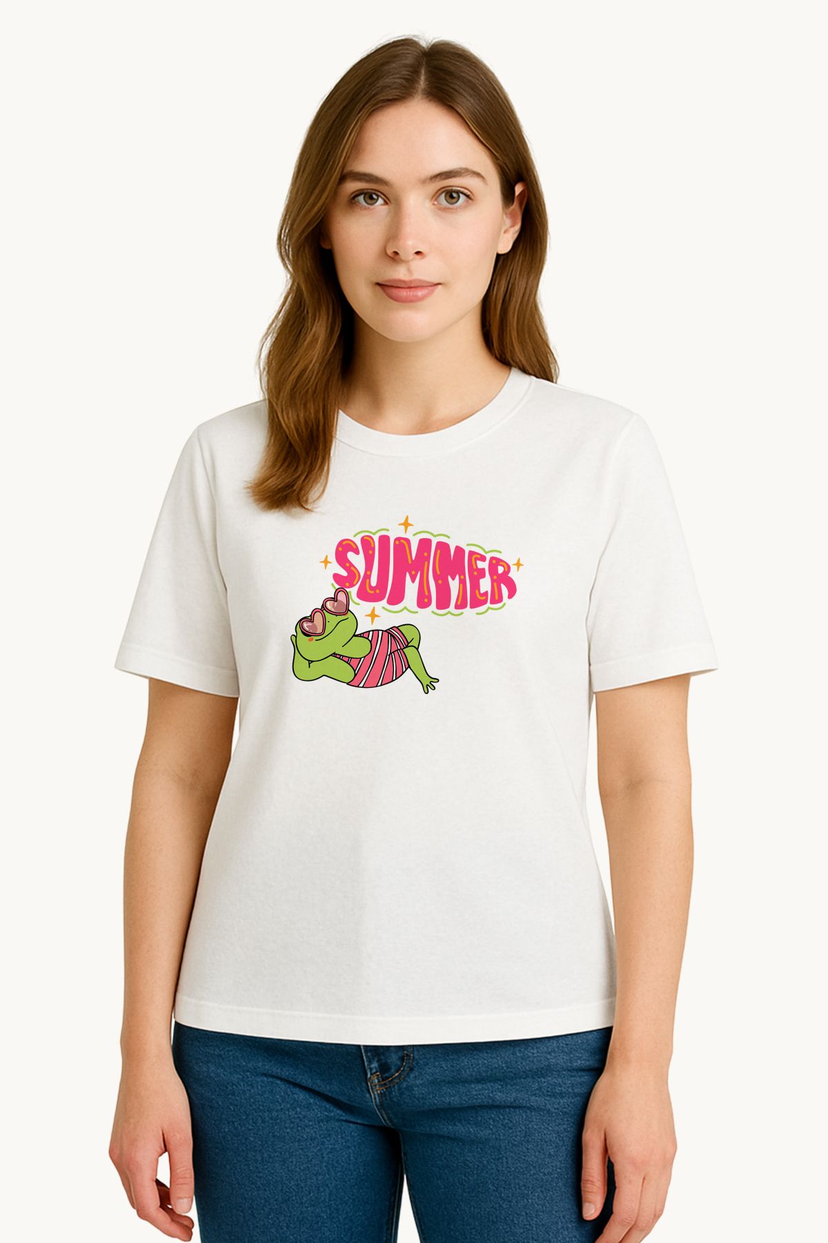 FANA Kadın Beyaz Tişört Renkli Summer Slogan Kurbağa Baskılı Yazlık T-shirt