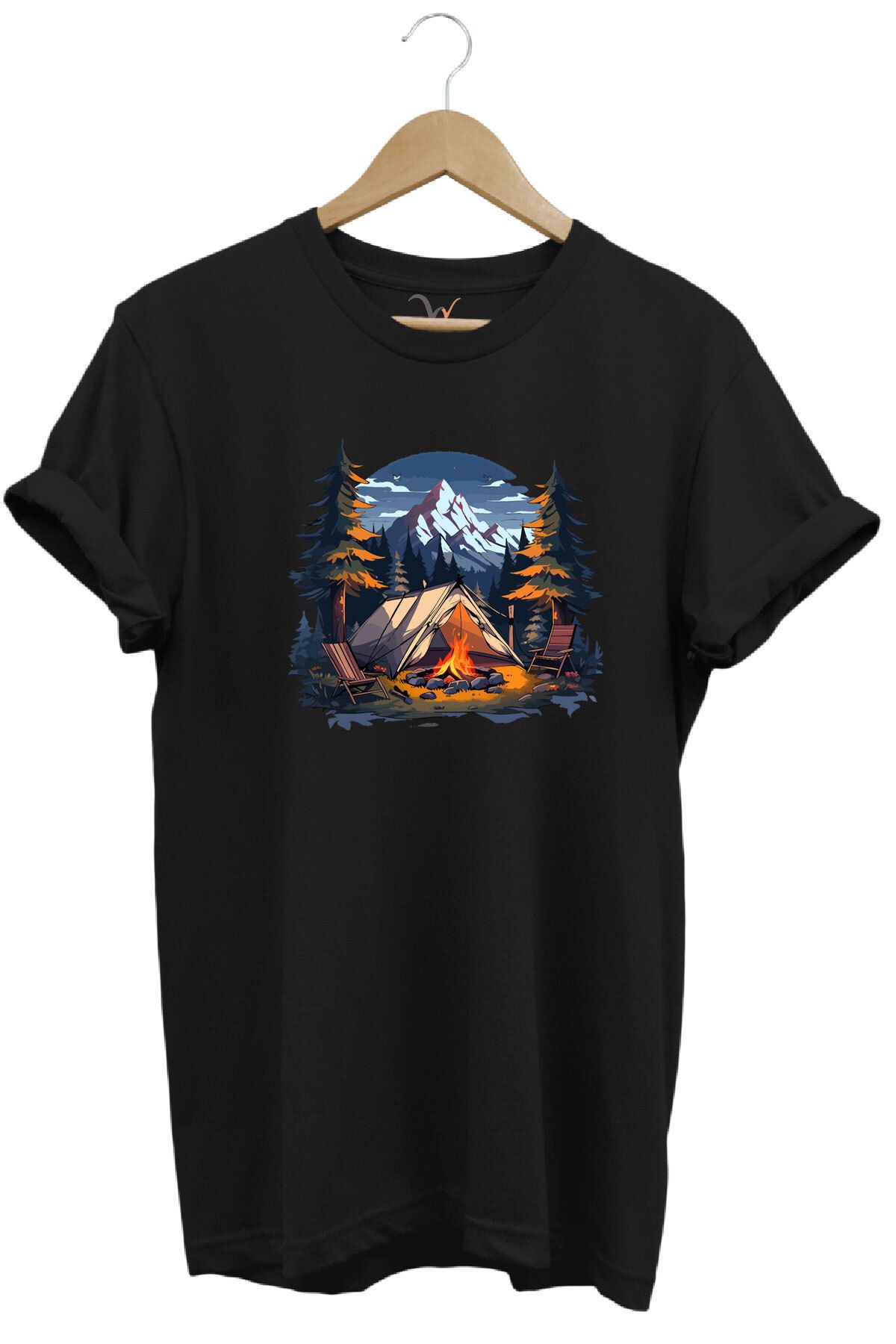 WİDİ Yazlık Kamp Doğa Çadır ve Dağ Baskılı %100 Pamuk Regular Fit Bisiklet Yaka T-shirt