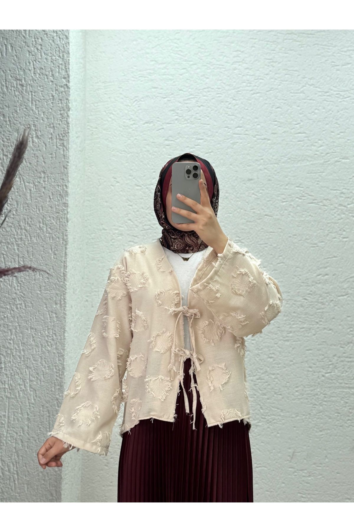 MİHRA STORE Miryla Püskül Detaylı Bağlamalı Kimono-MF211 Taş