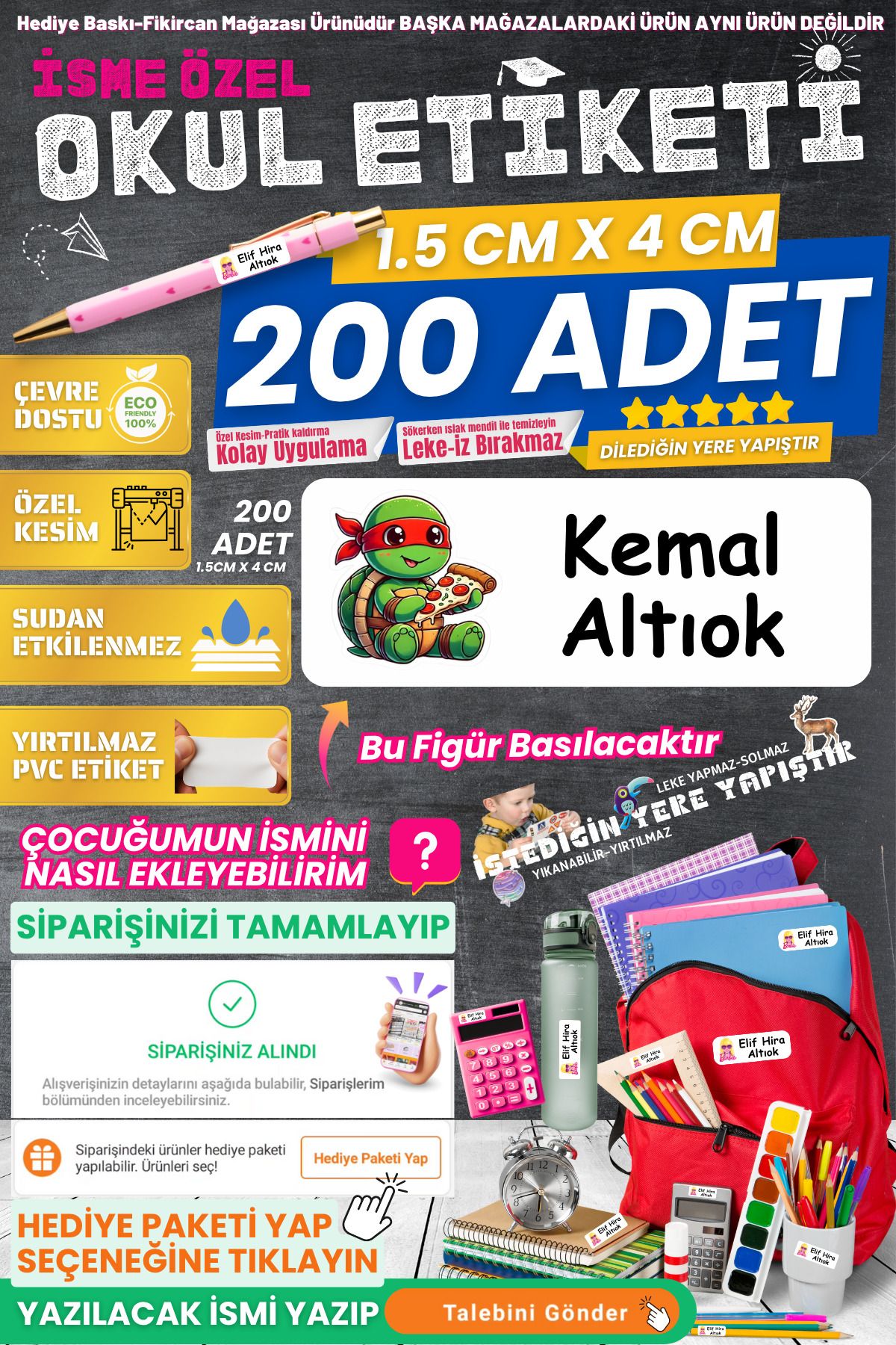 FİKİRCAN Fikircan-İsme Özel Okul Etiketi-MİNİK NİNJA 200 Adet - Kokusuz Ekolojik Mürekkep PVC ETİKET