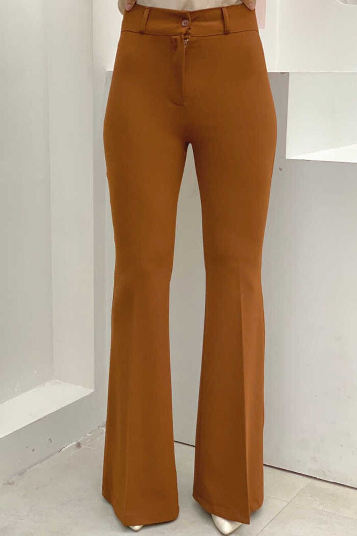 BYM Bel Fermuarlı İspanyolpaça Pantolon 0231 Koyu Taba