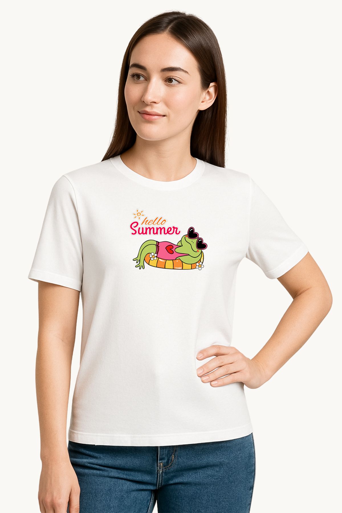 FANA Kadın Beyaz Tişört Renkli Kurbağa Yaz Baskılı Yazlık T-shirt