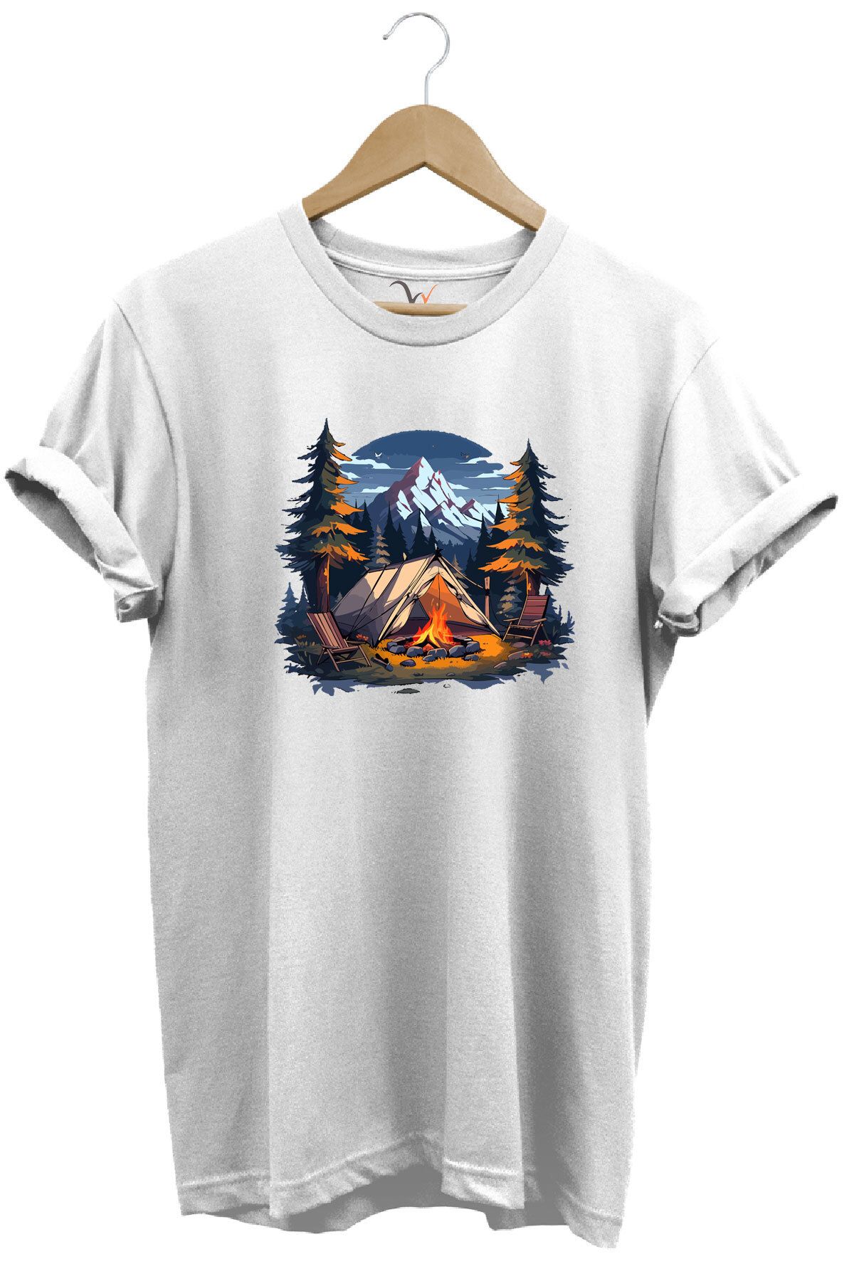 WİDİ Yazlık Kamp Doğa Çadır ve Dağ Baskılı %100 Pamuk Regular Fit Bisiklet Yaka T-shirt