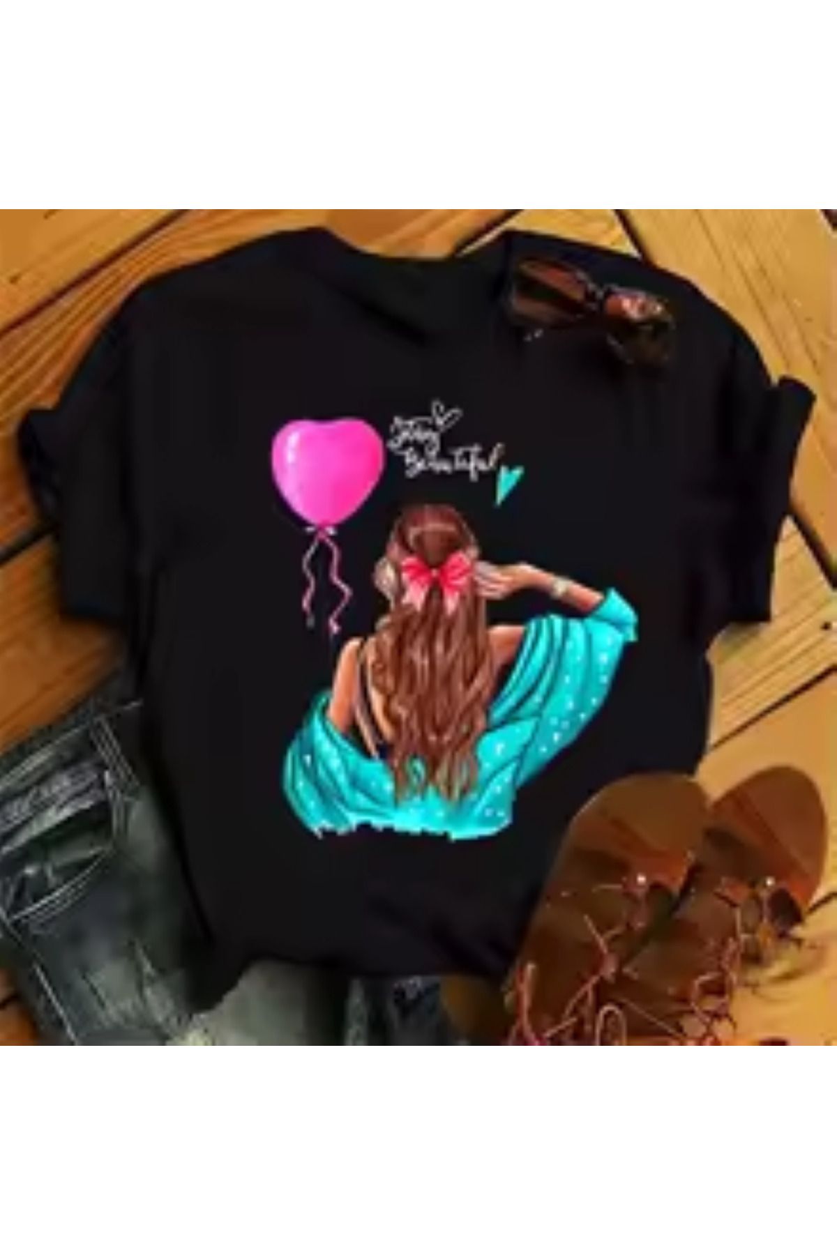 aynewmoda Kız Baskılı Şık Kadın Yuvarlak Yaka Tişört